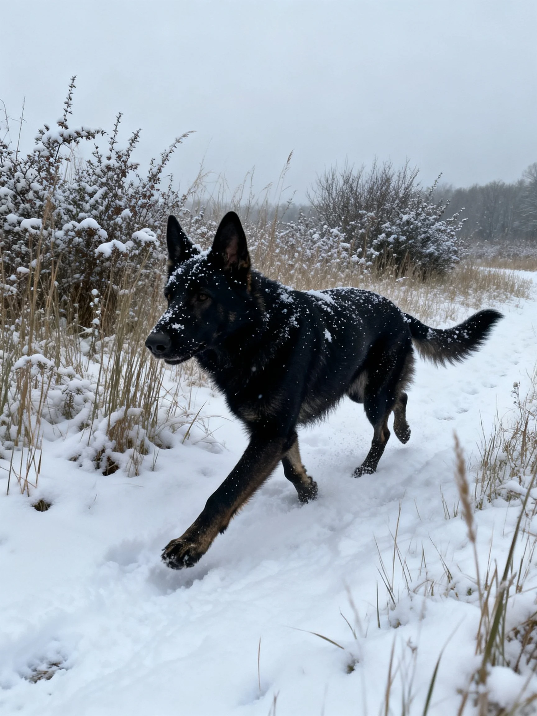 A German Shepherd running through a snow-covered landscape with bushy surroundings