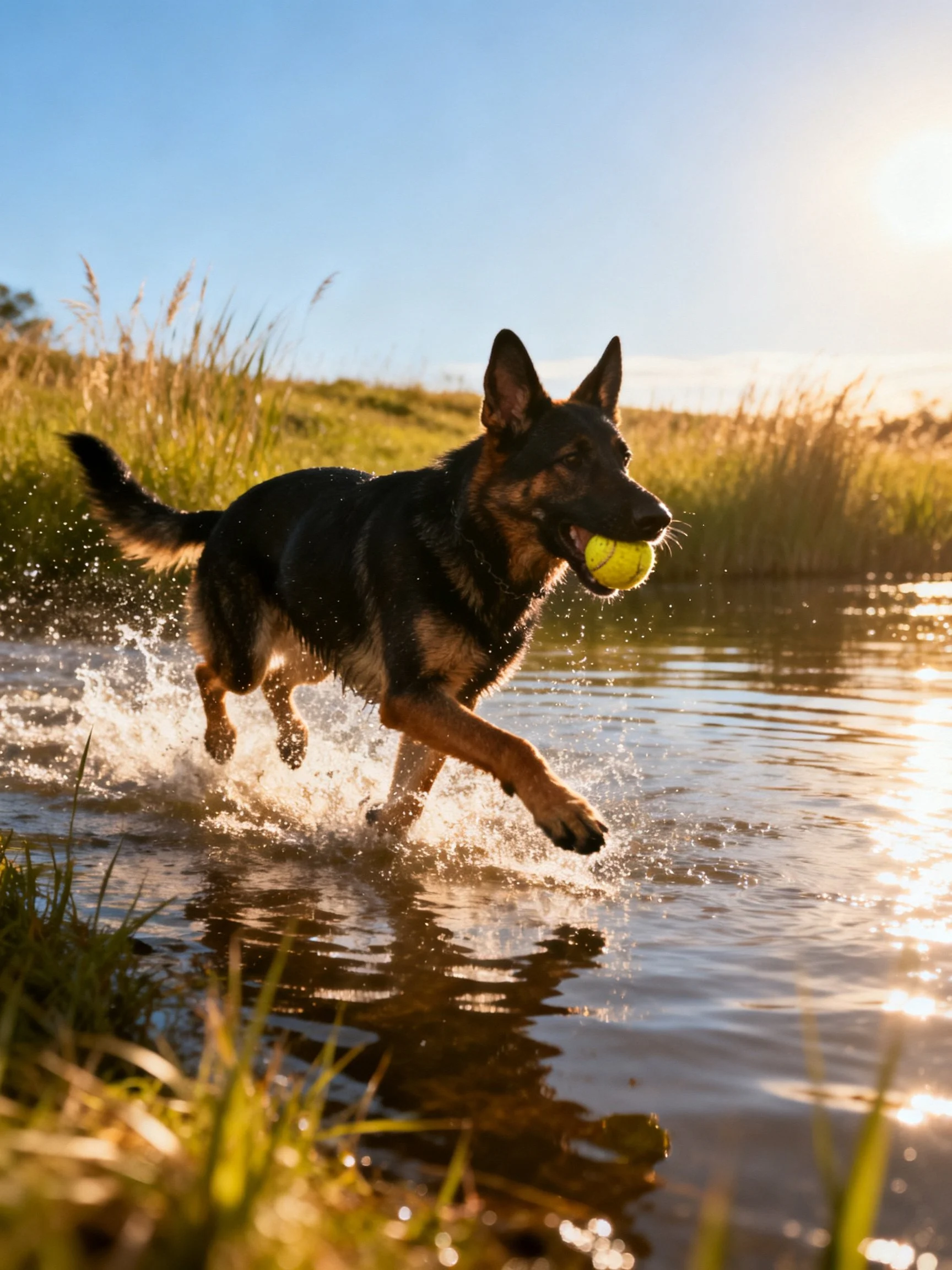 A German Shepherd running through water with a yellow tennis ball