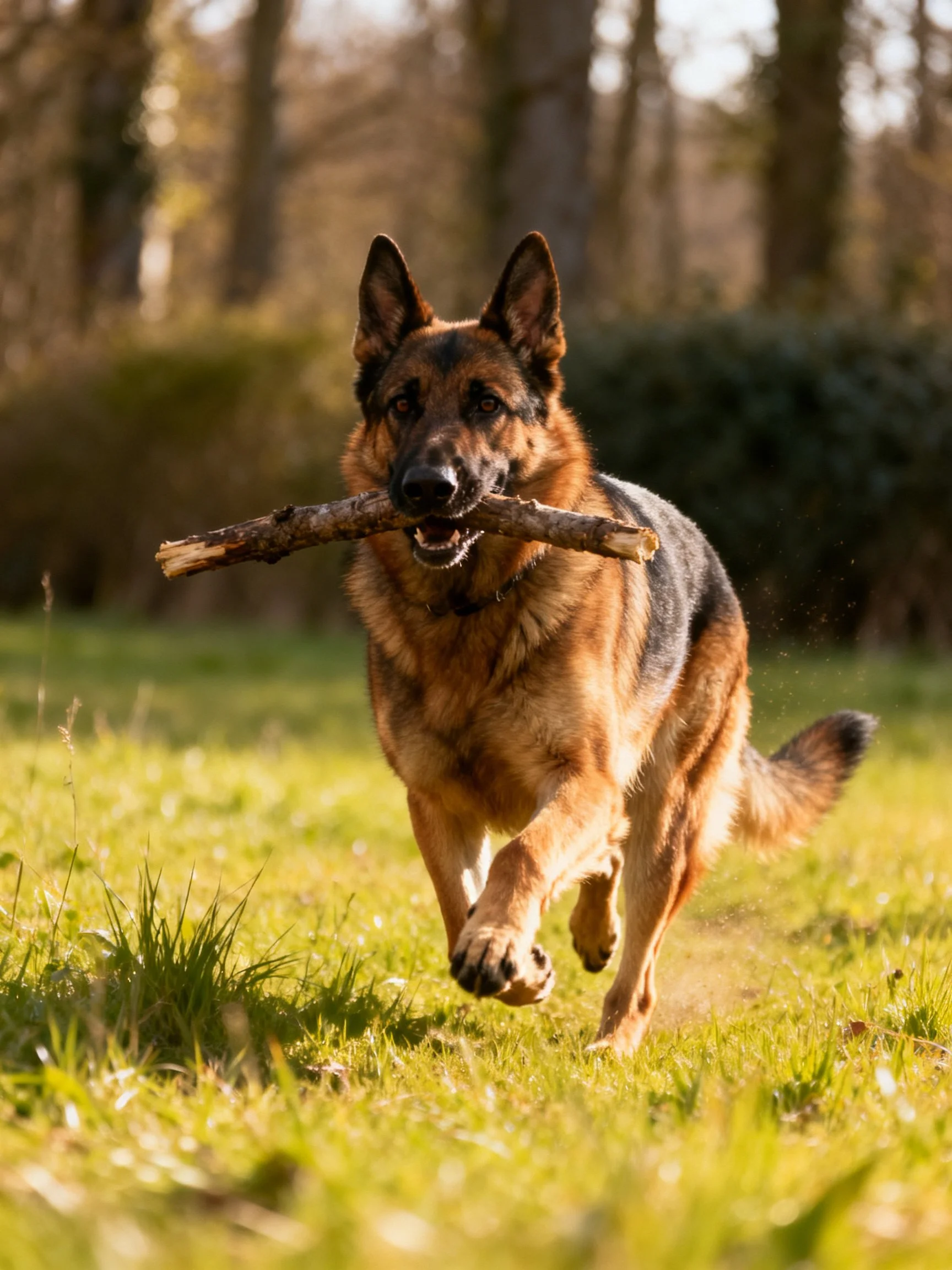 A German Shepherd running with a large brown stick in a sunlit field