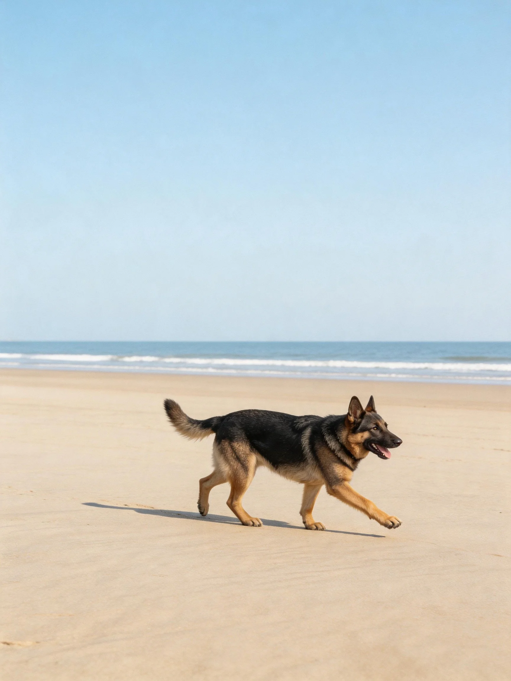 A German Shepherd runs along a sandy beach near the ocean