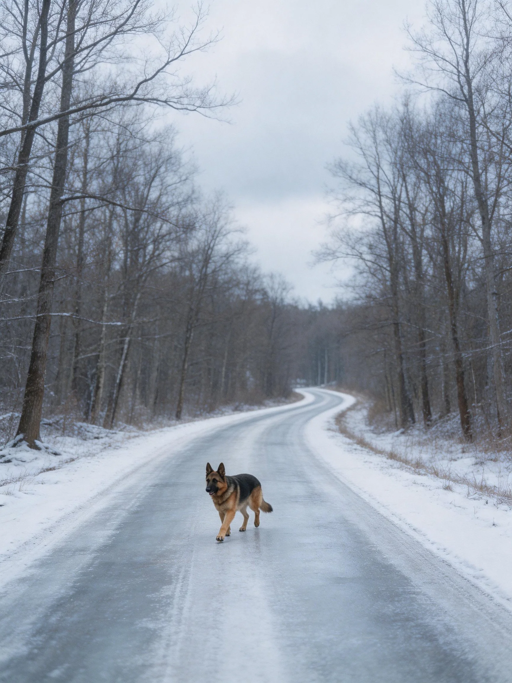 A German Shepherd runs along a snow-covered winding road