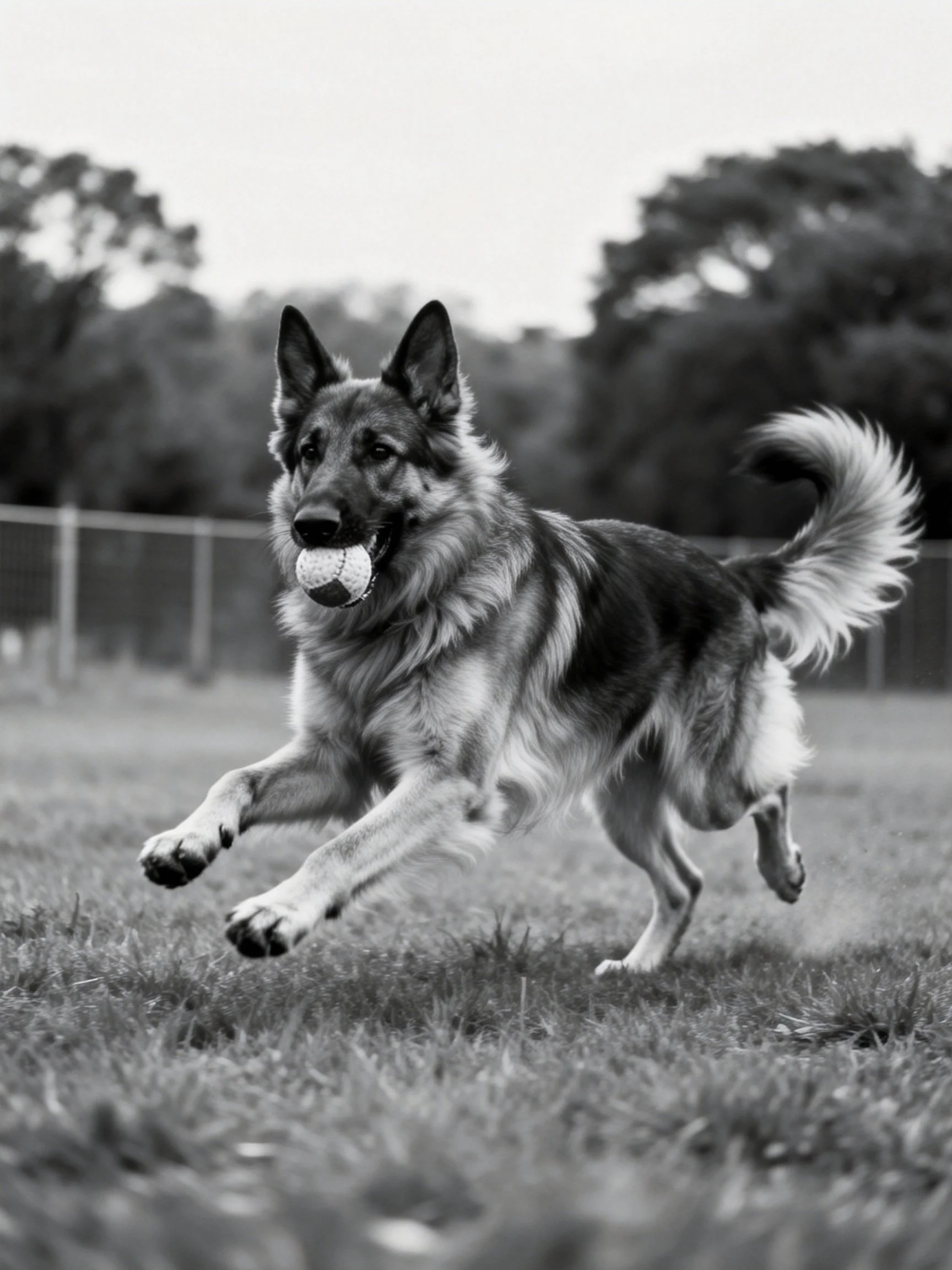 A German Shepherd runs energetically across a grassy field with a ball