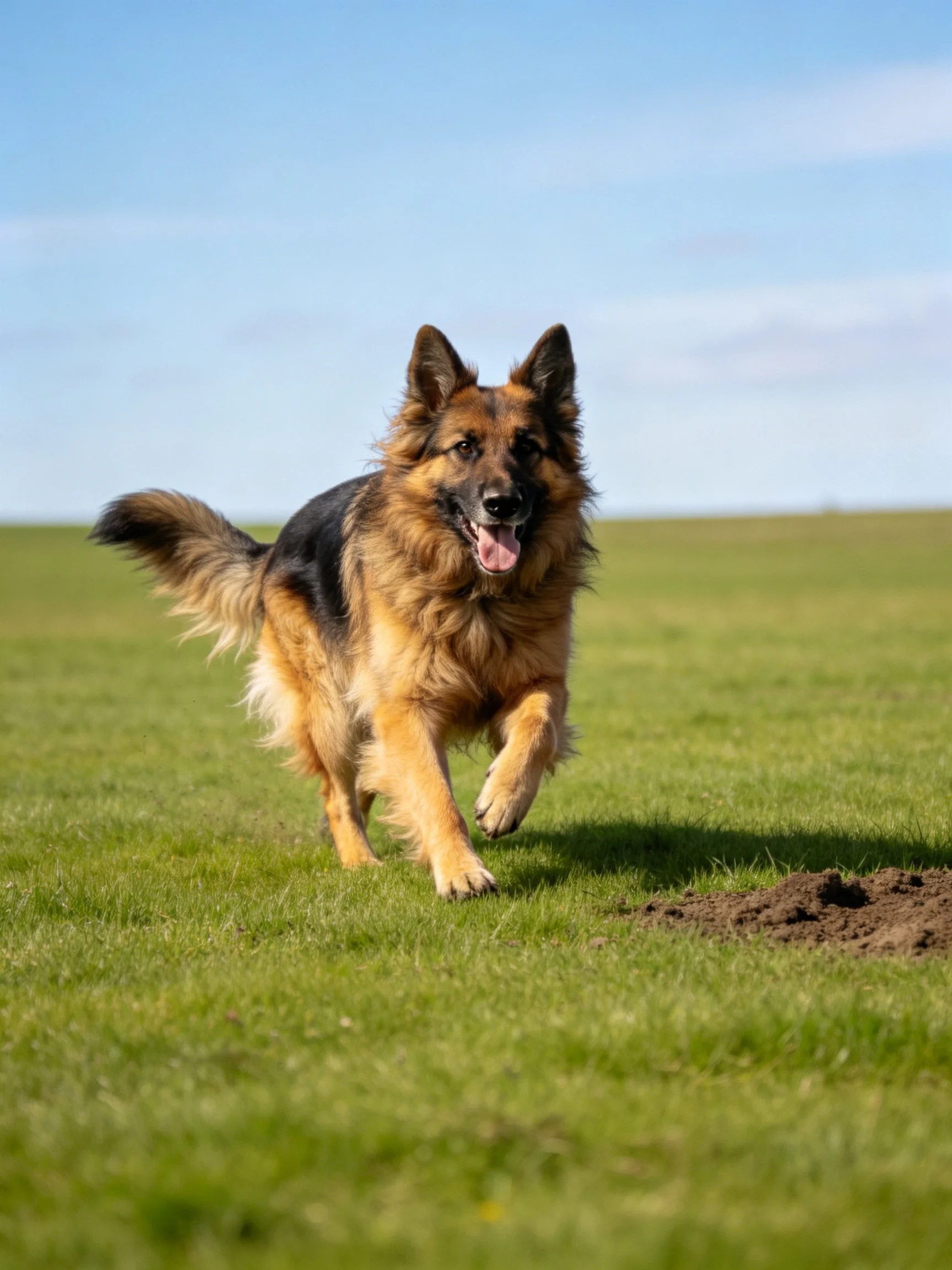 A German Shepherd runs energetically on a lush green field