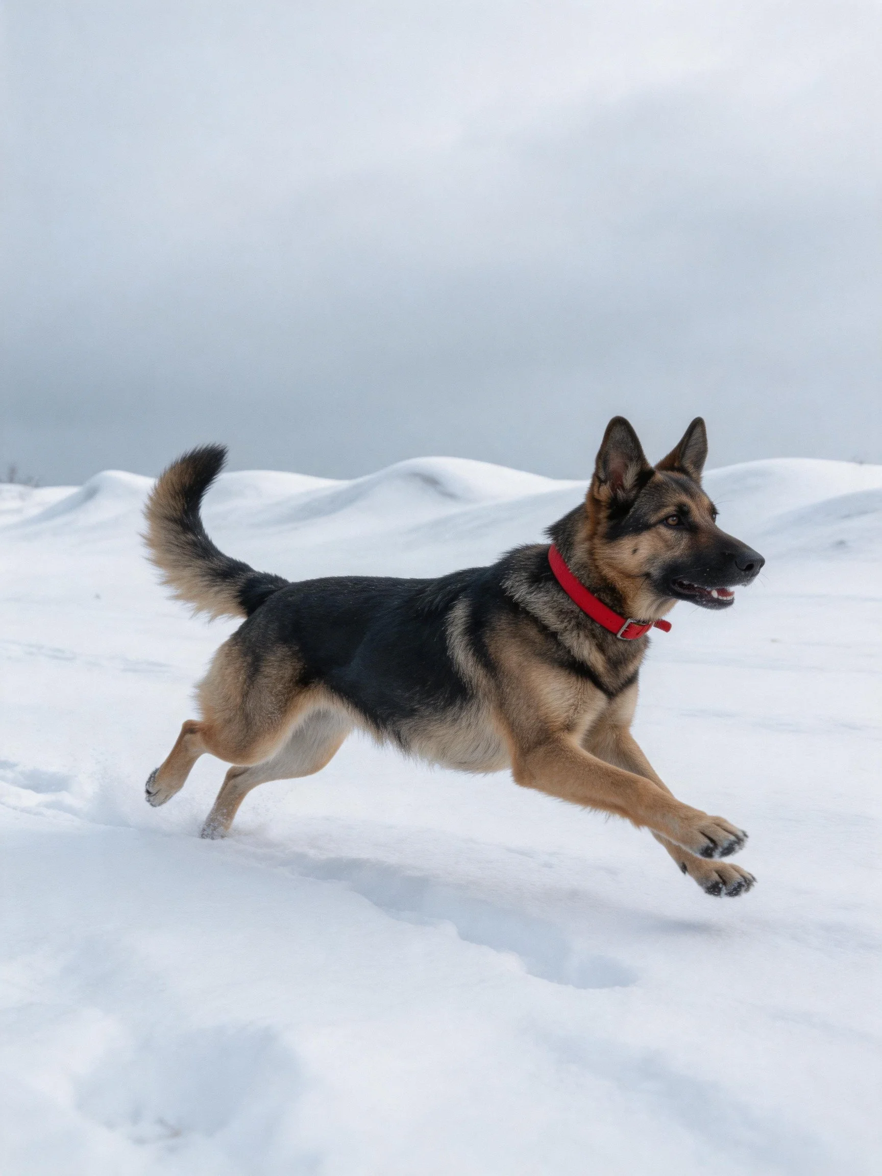 A German Shepherd dashes through deep snow in a wintry landscape.