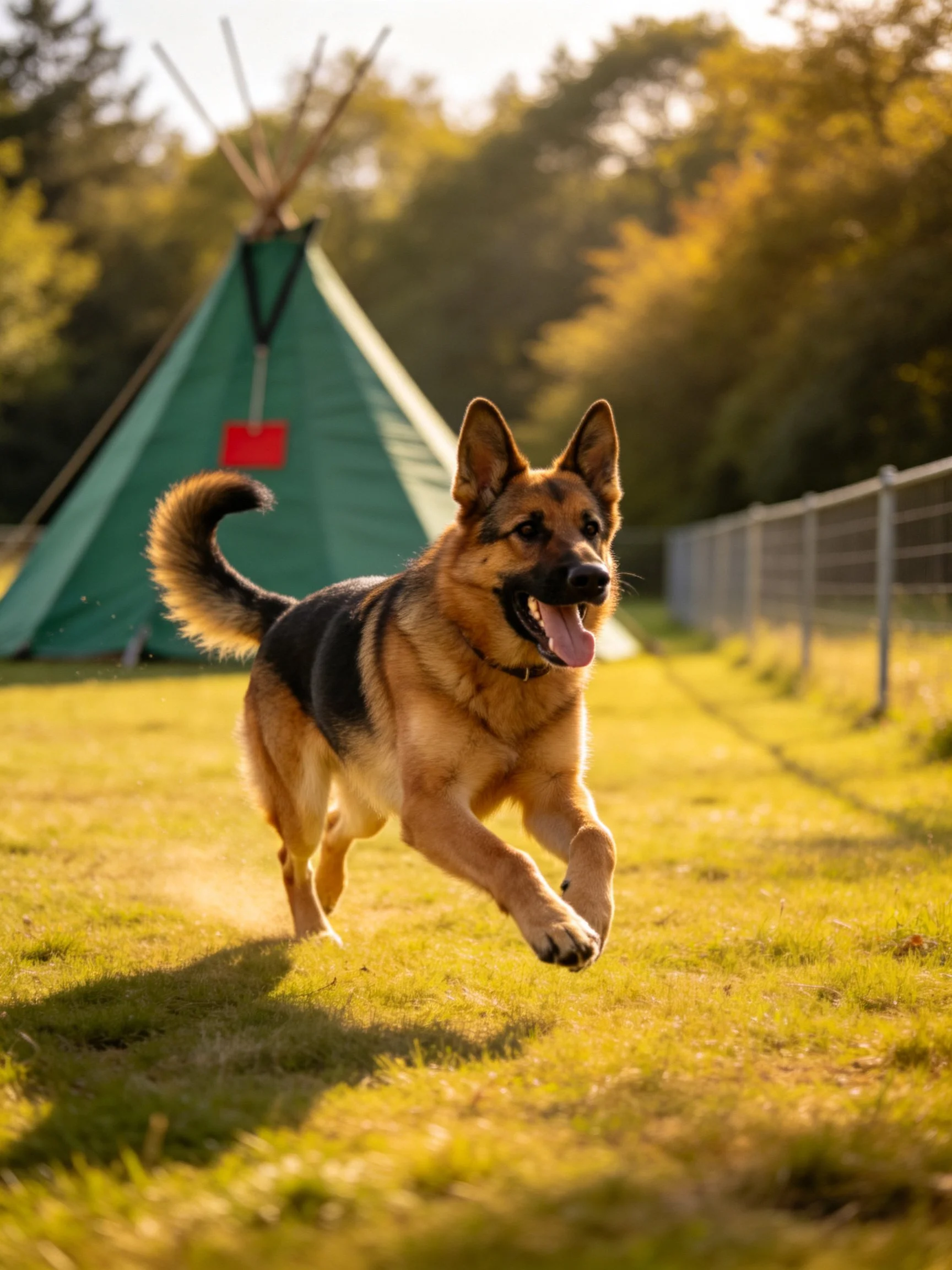 A German Shepherd runs happily in a sunlit outdoor setting with a teepee