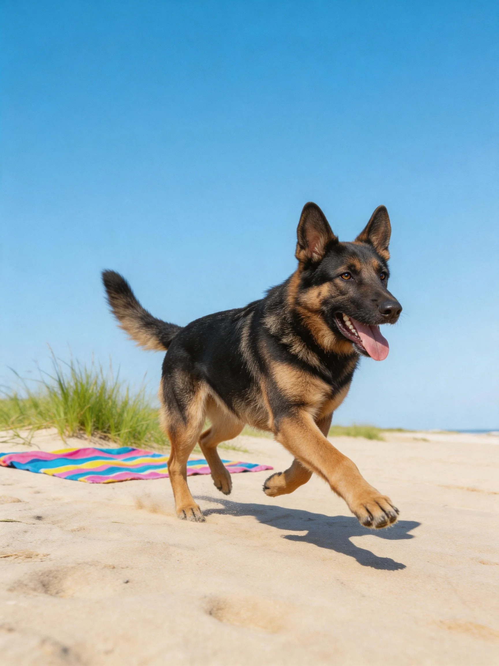 A German Shepherd runs energetically on a sunny sandy beach near a colorful towel.