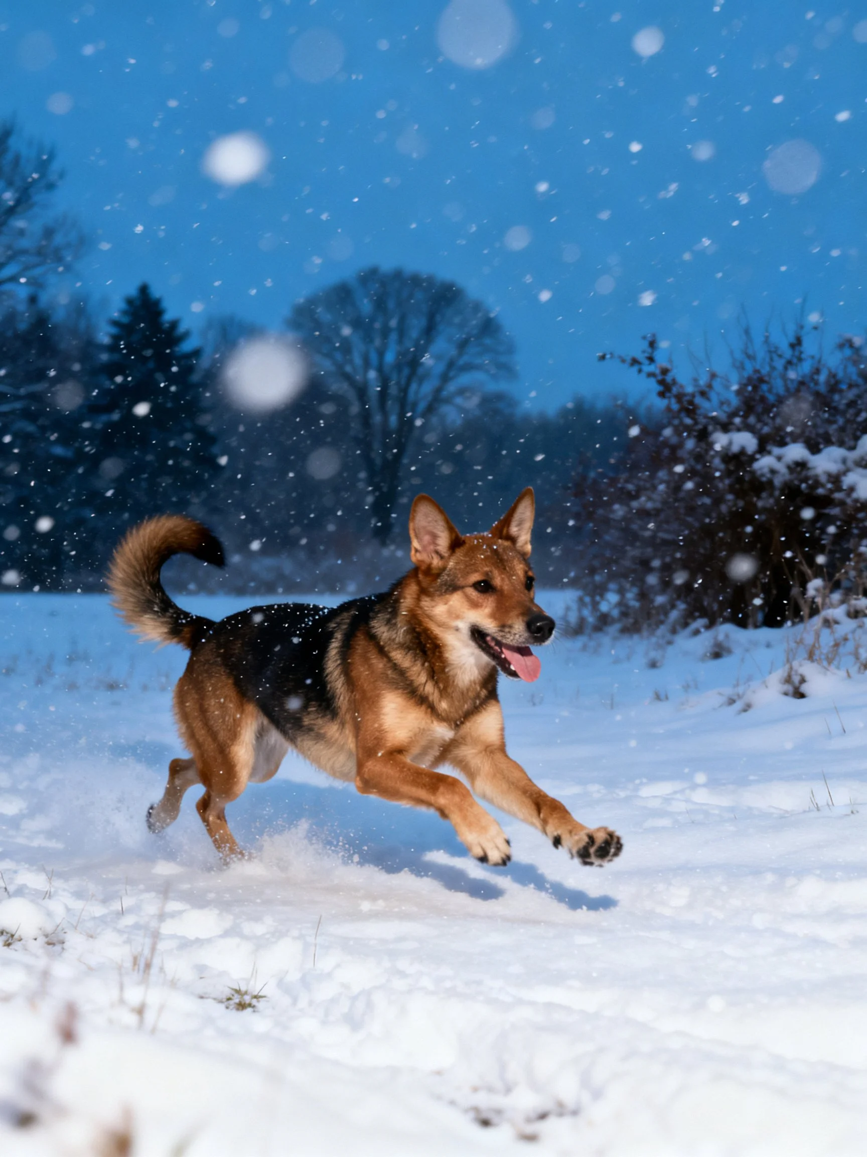 A German Shepherd enjoys running through snowfall in a wintry setting.