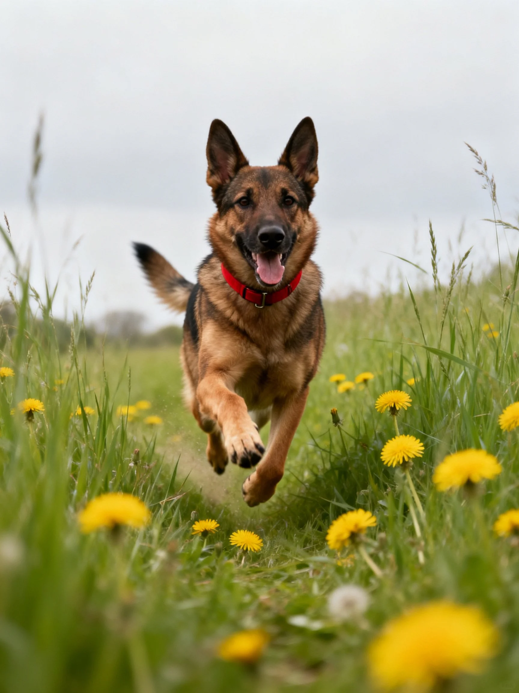 A German Shepherd joyfully runs through a field of yellow flowers.