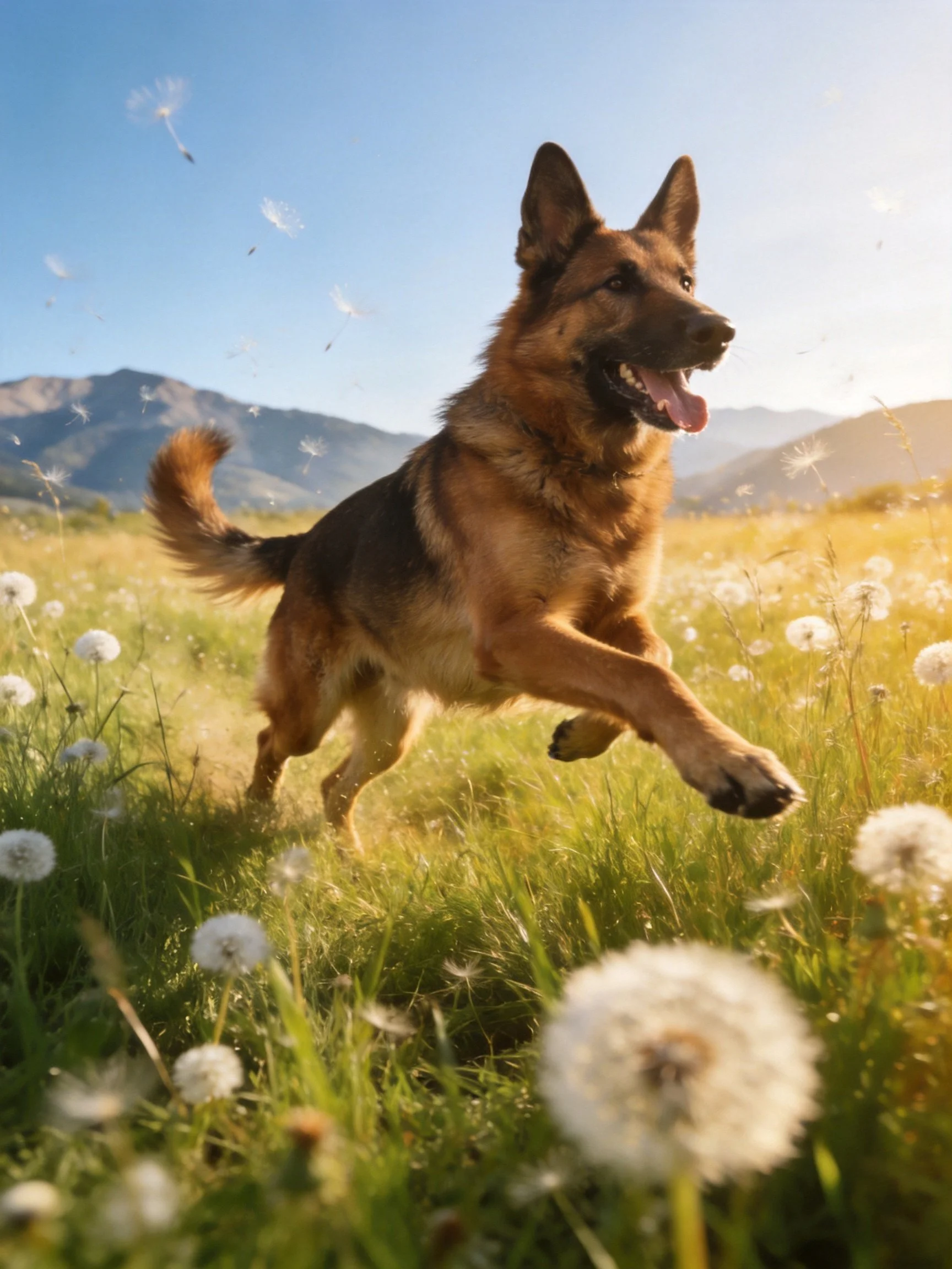 A German Shepherd joyfully runs through a sunlit meadow with dandelions and distant mountains