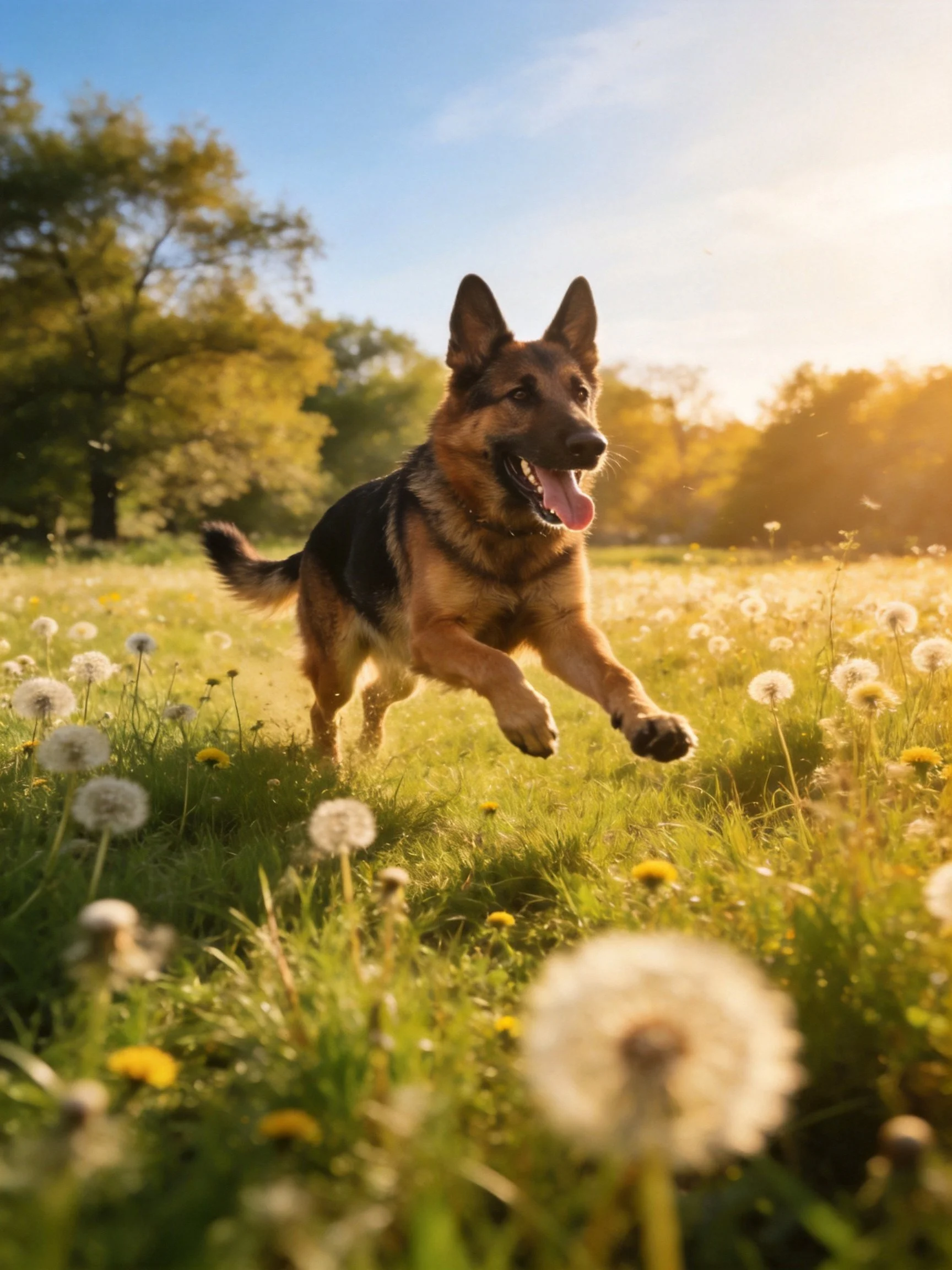 A German Shepherd joyfully runs through a sunlit meadow with dandelions