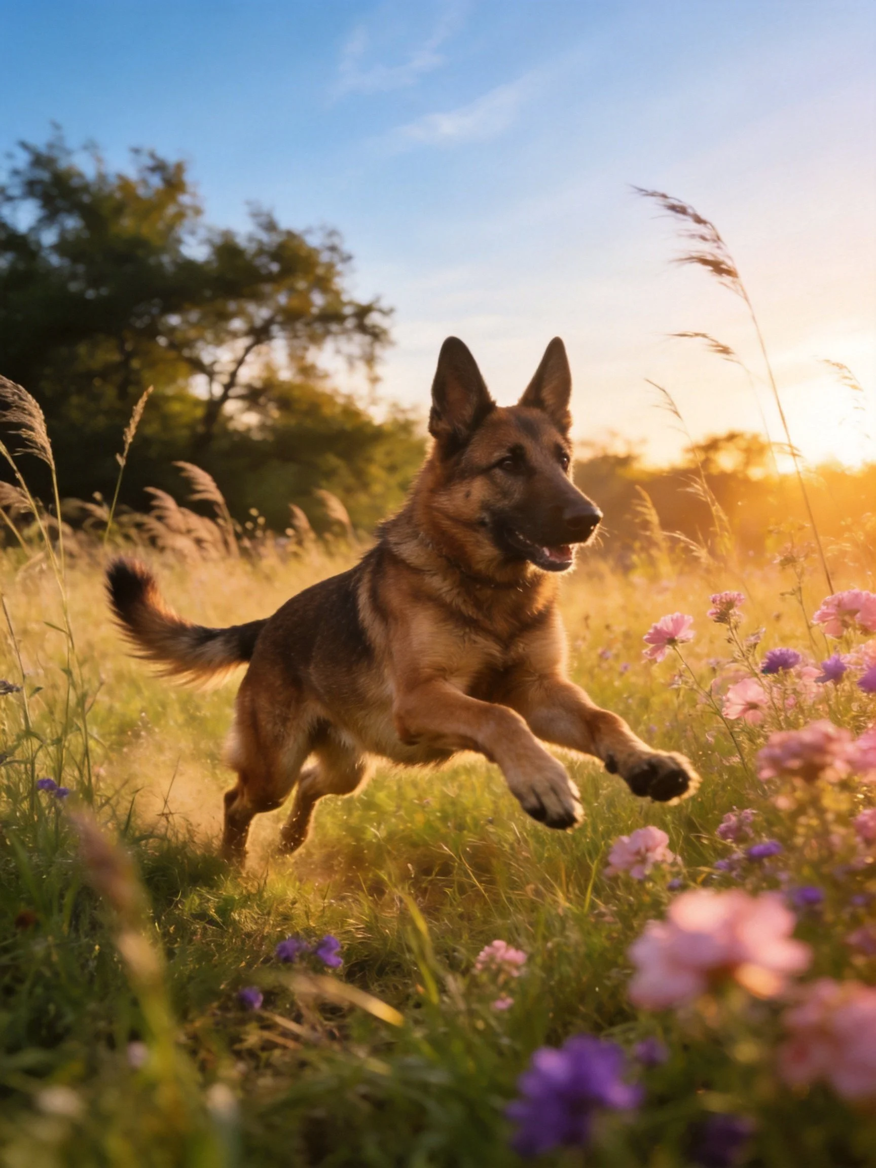 A German Shepherd runs joyfully through a sunlit wildflower meadow.