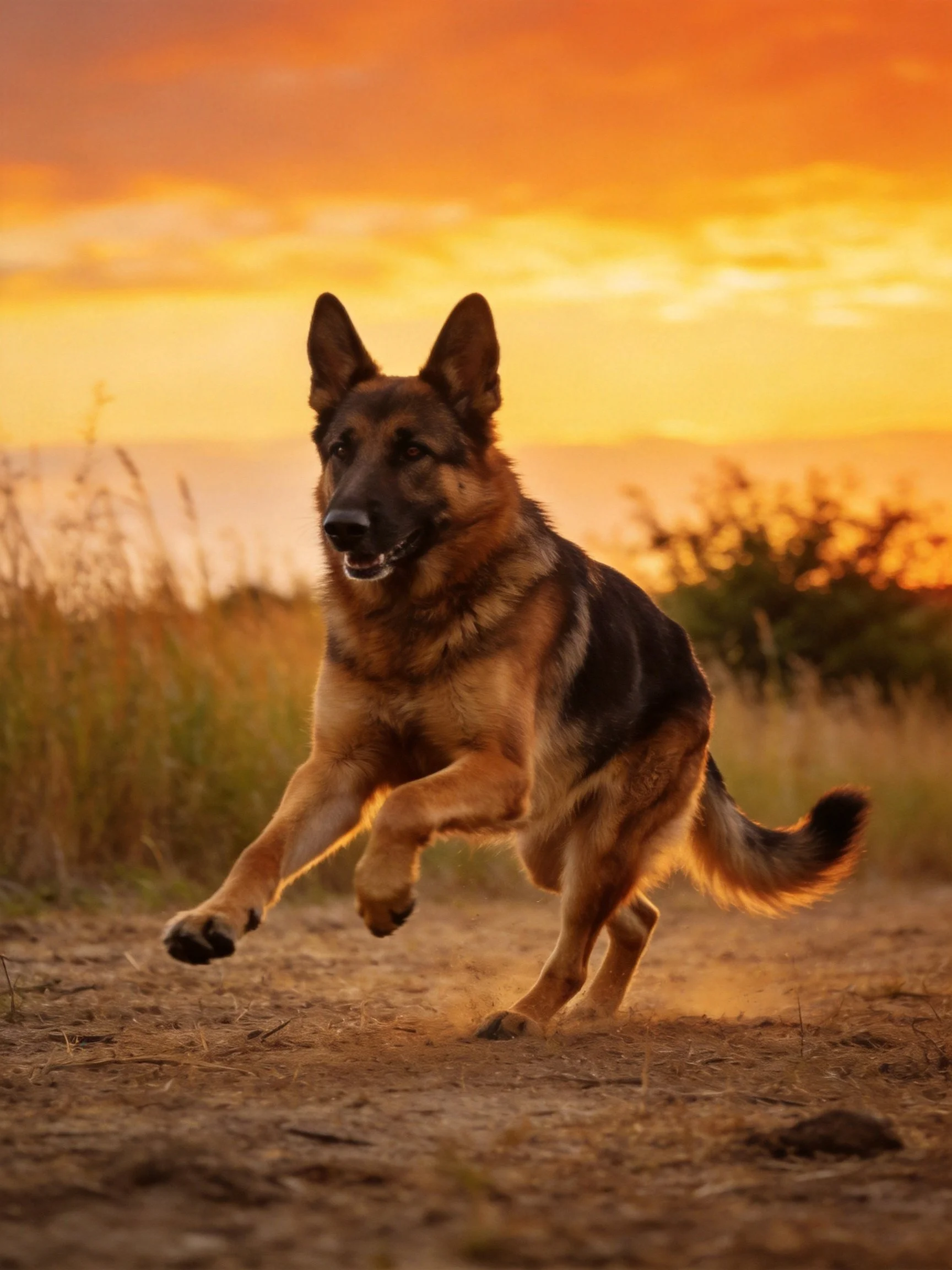 A German Shepherd runs energetically against a backdrop of a colorful sunset.