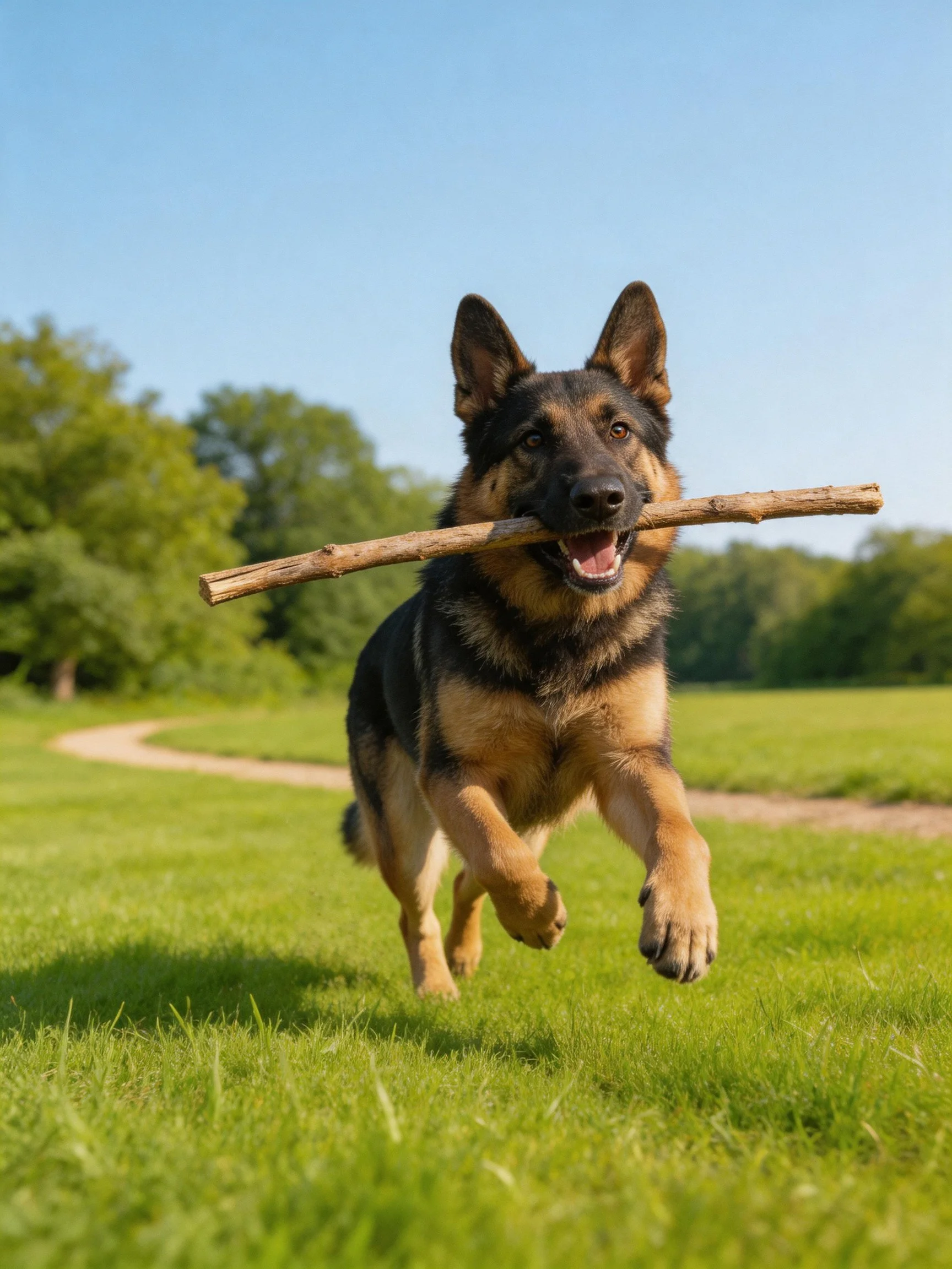 A German Shepherd carries a wooden stick while running through a grassy field.