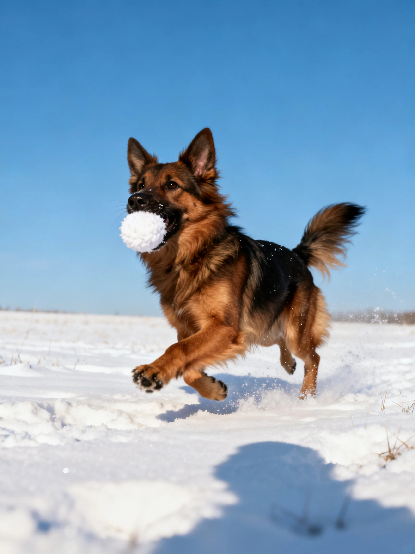 A German Shepherd runs through snow carrying a large snowball