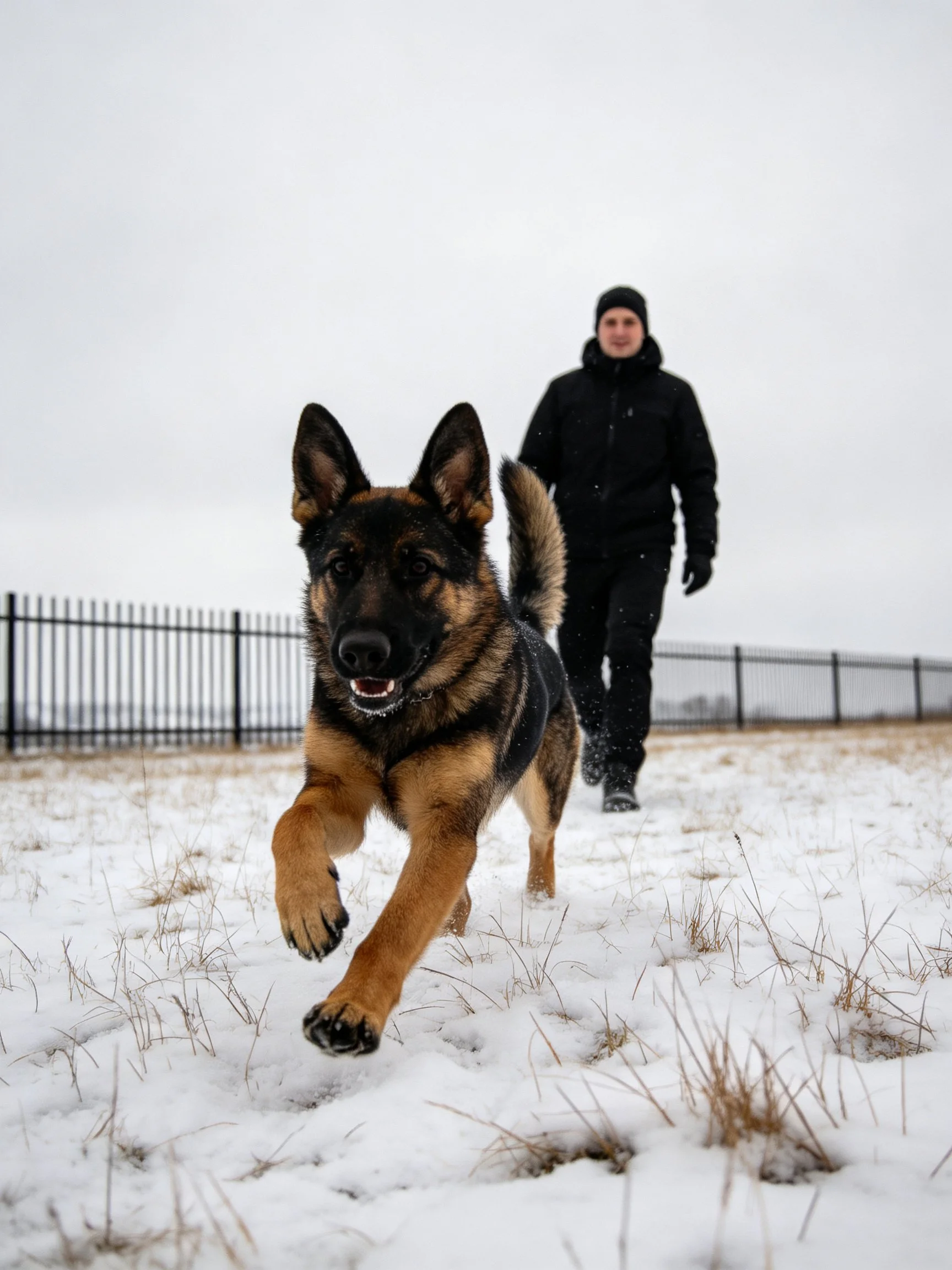A German Shepherd runs toward the camera while a person walks behind in a snowy outdoor setting.