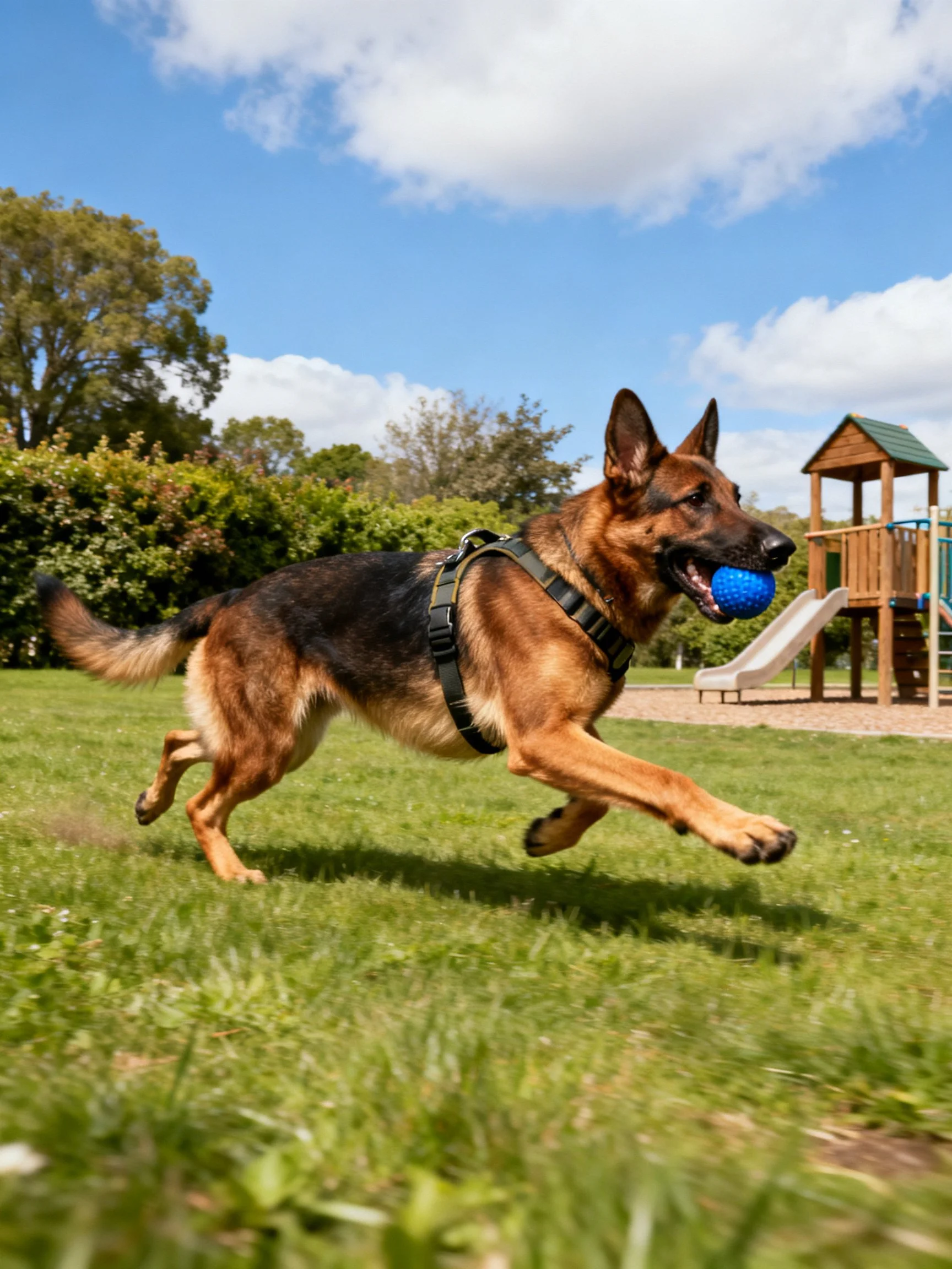 A German Shepherd carries a blue ball while running in a sunny park.