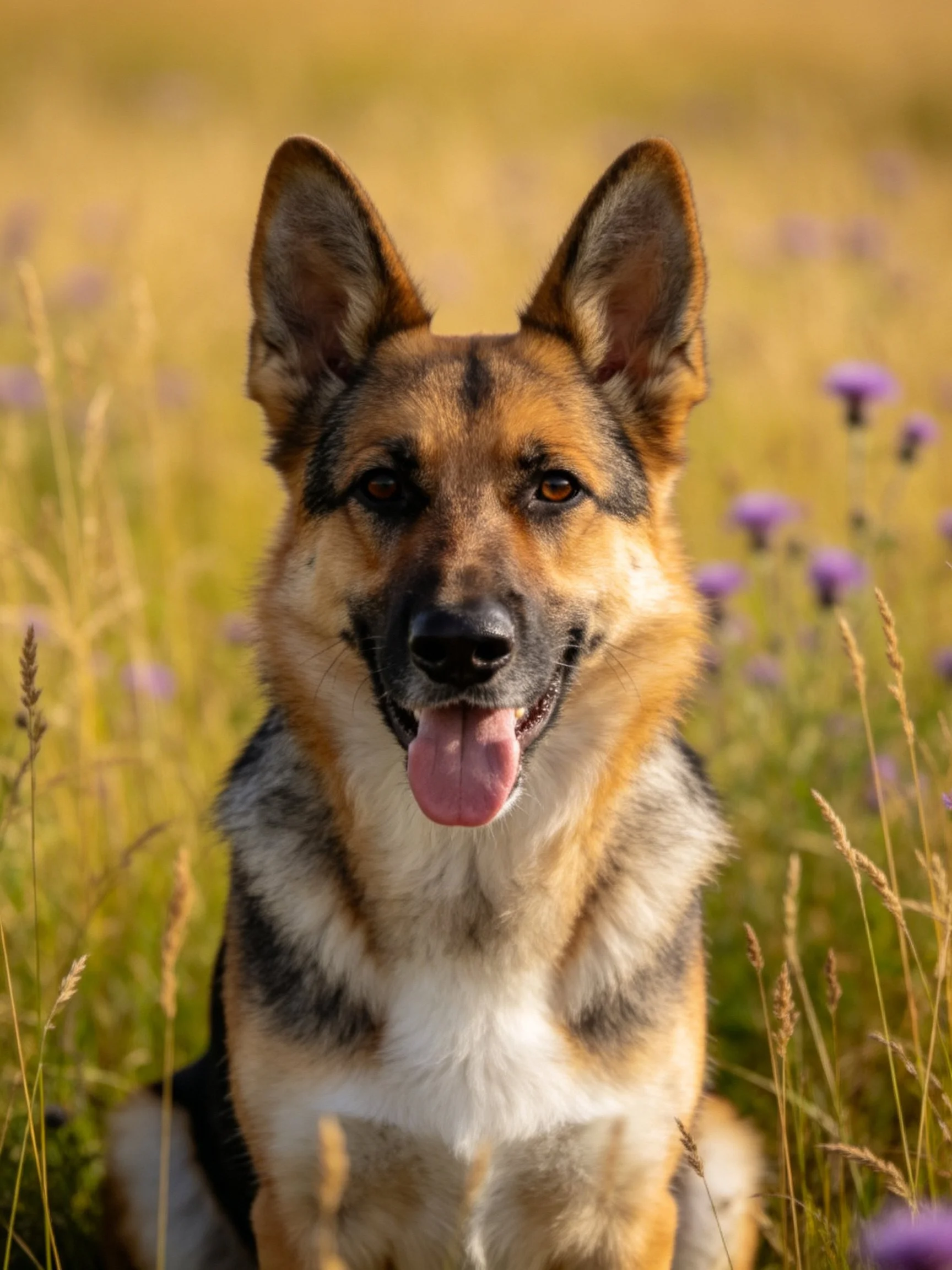 A German Shepherd relaxes in a sunlit meadow with tall grass and purple flowers