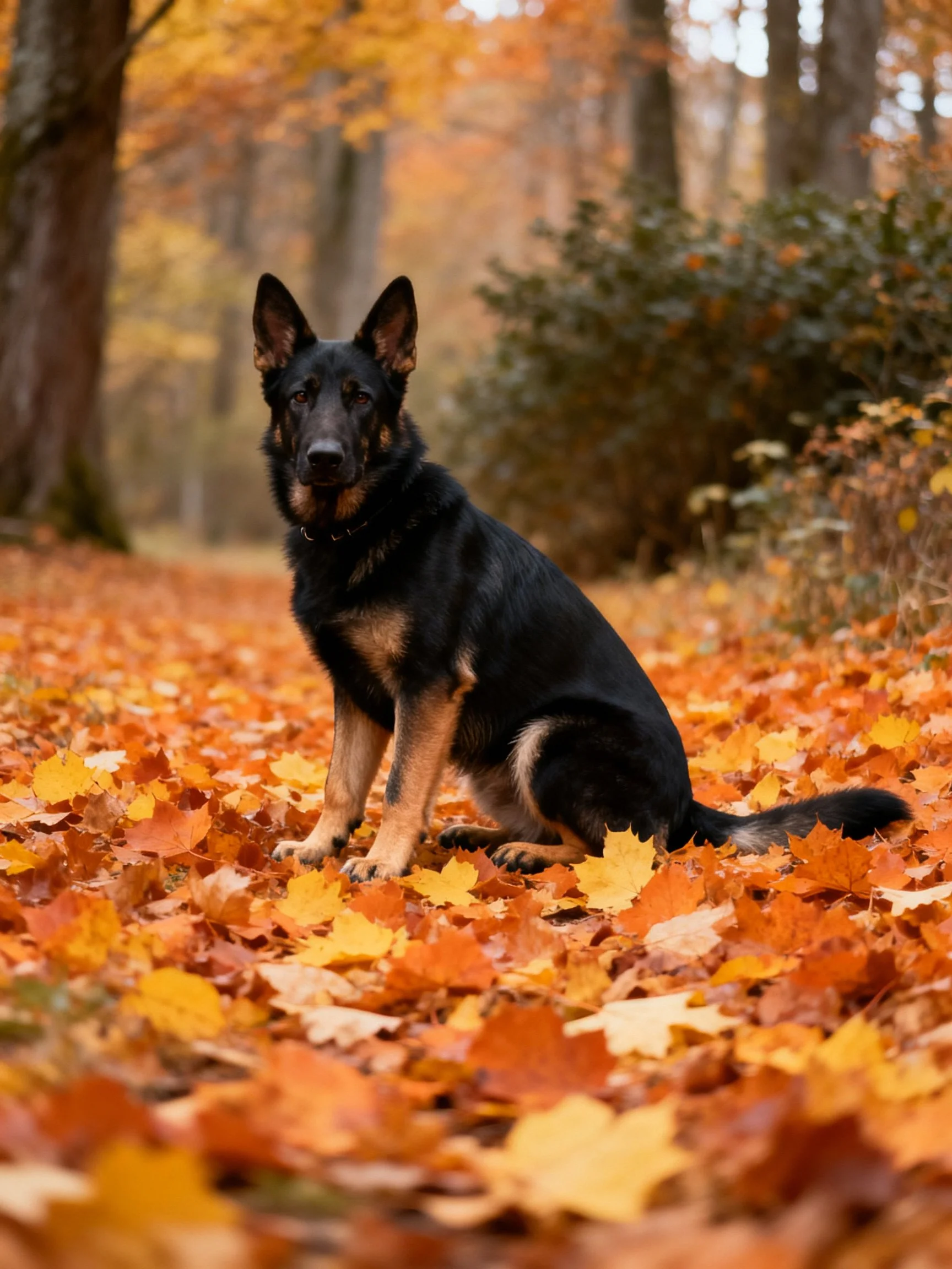 A German Shepherd sits calmly among fallen autumn leaves in a forest.