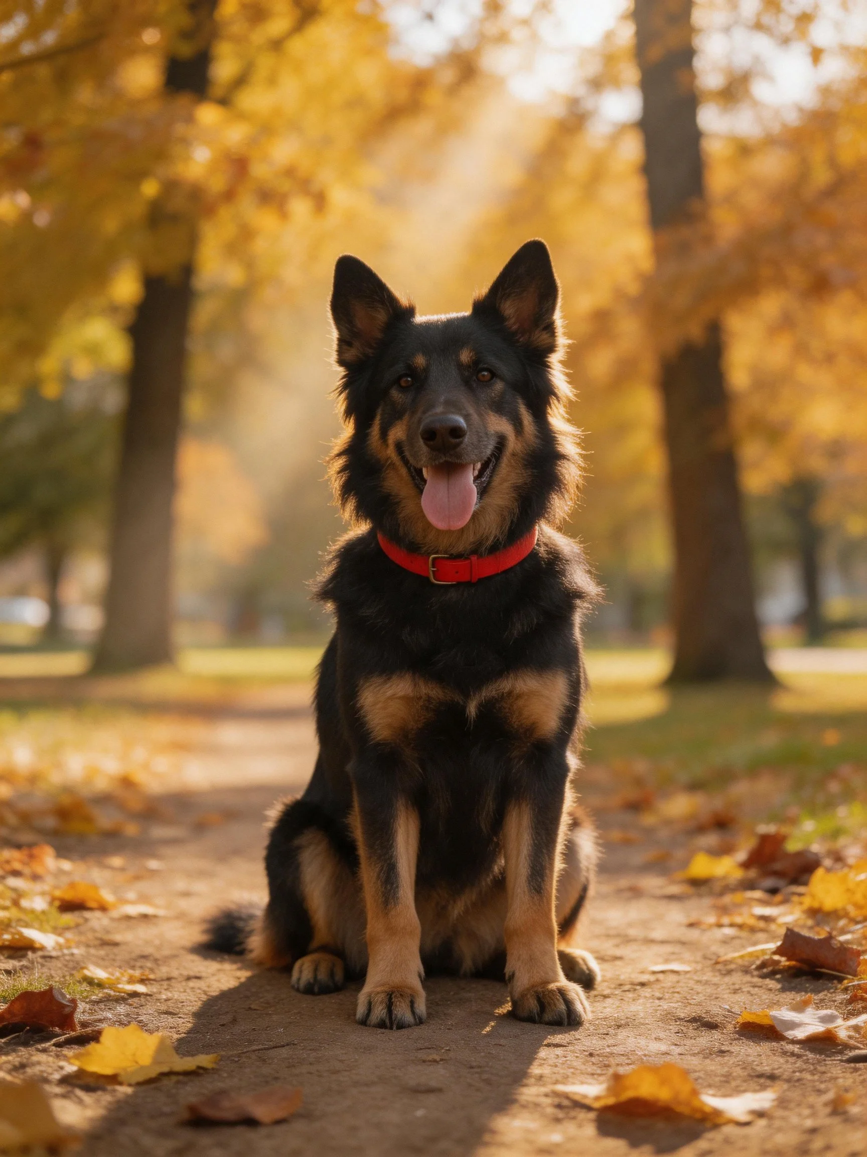 A German Shepherd rests on a dirt path surrounded by golden autumn leaves.