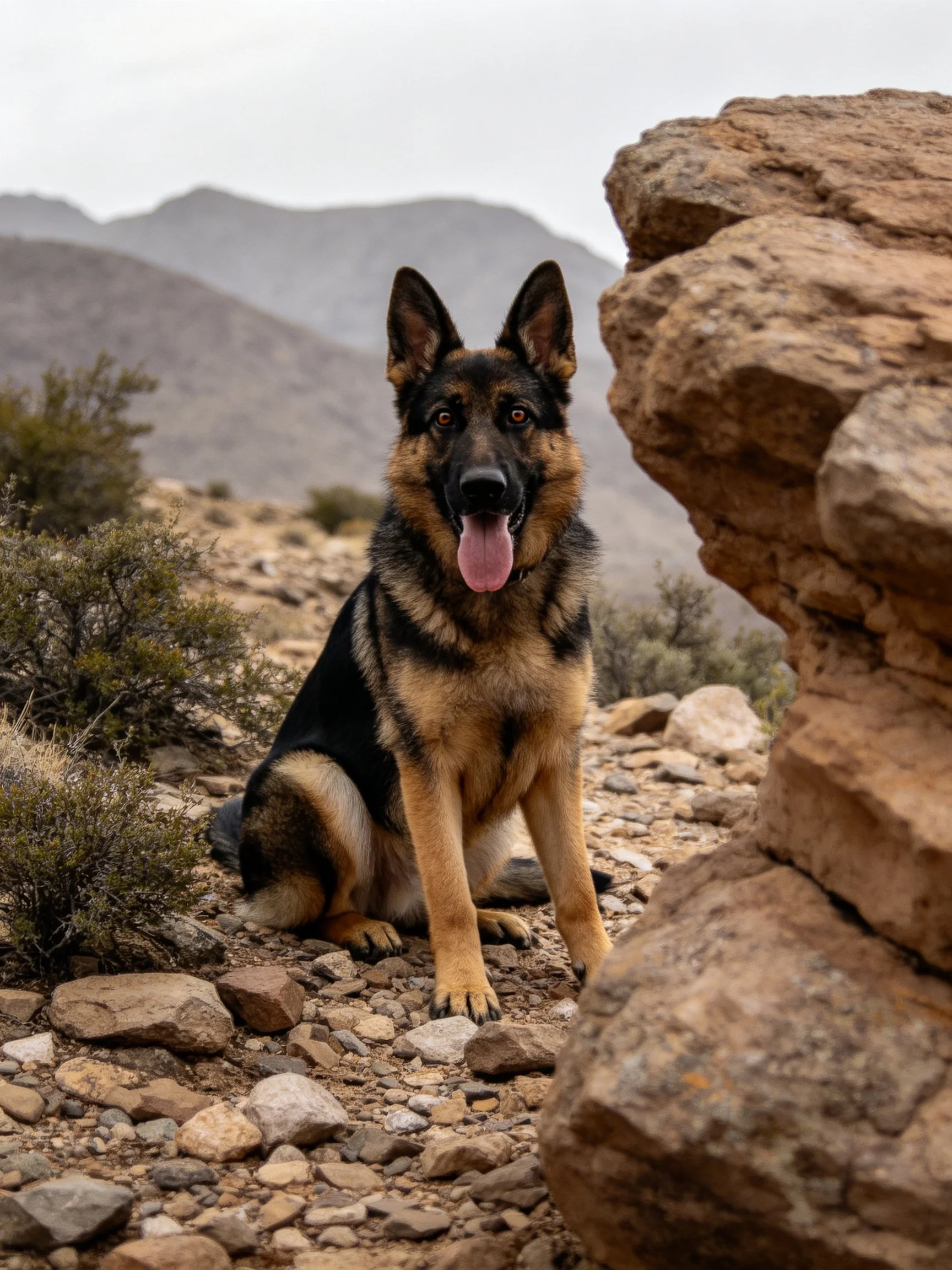 A German Shepherd sits calmly in a rocky, mountainous outdoor environment.