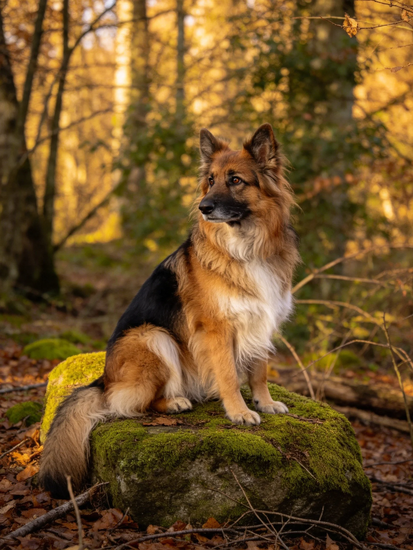 A German Shepherd rests on a mossy stone in a sunlit woodland.
