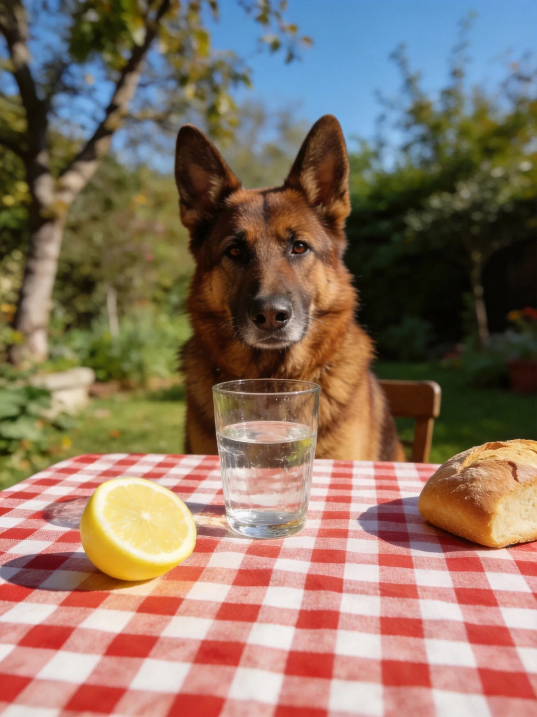 A German Shepherd sits at a red-and-white checkered table with food and drink in a sunny garden