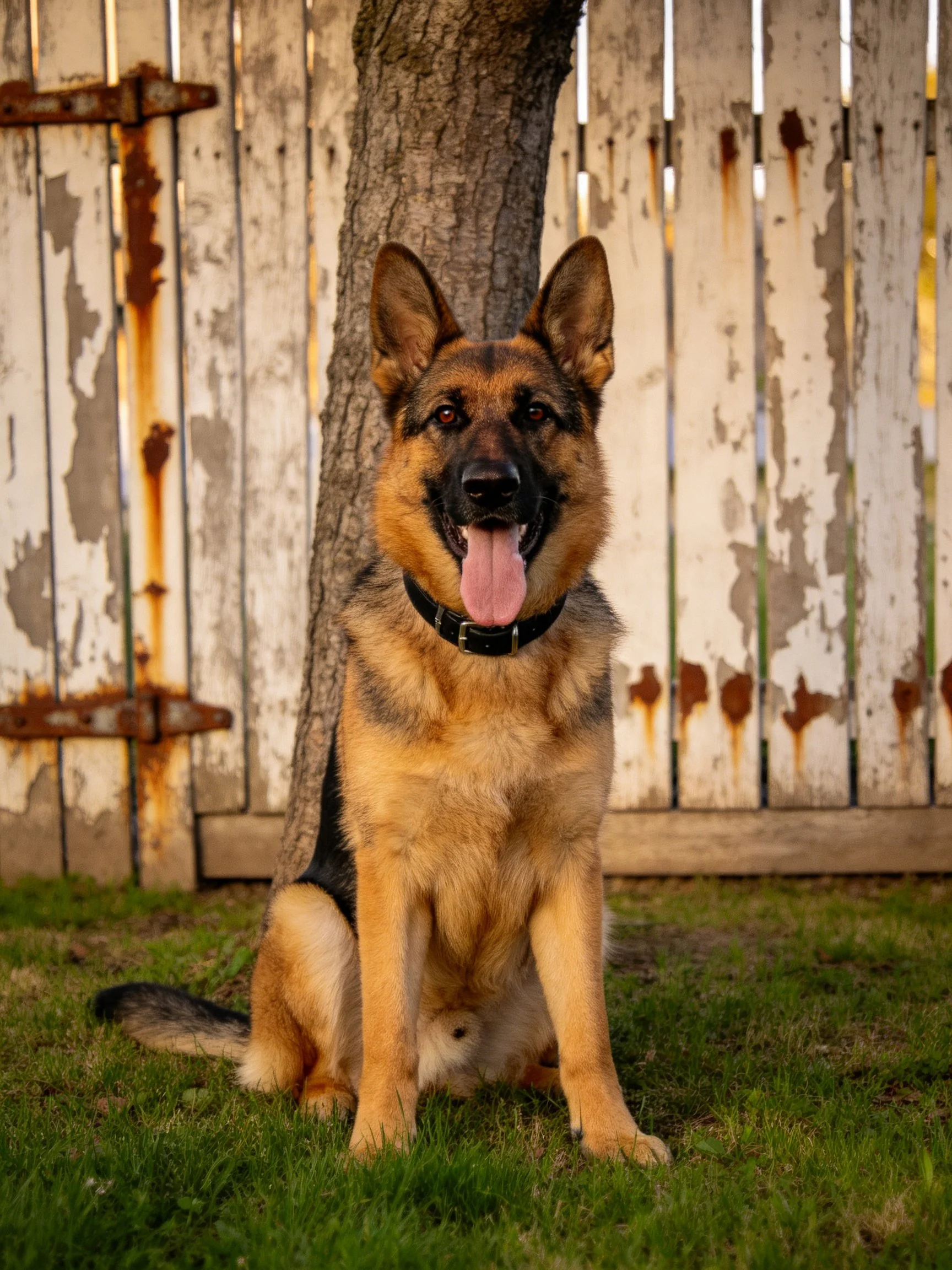 A German Shepherd rests near a weathered fence and tree