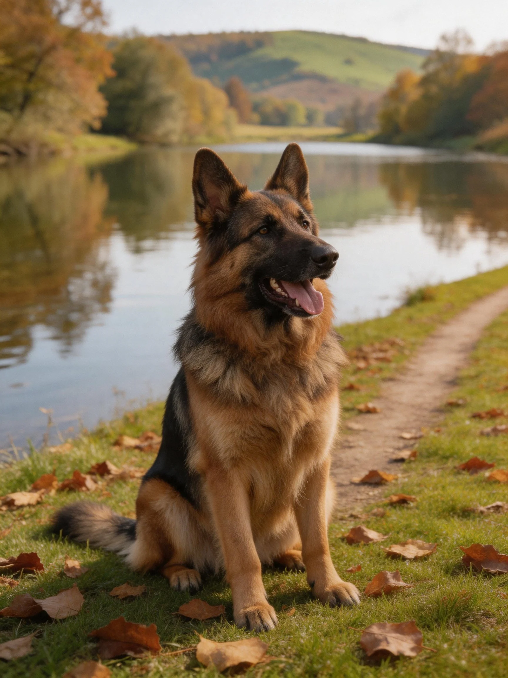 A German Shepherd sits near a calm river in an autumn setting.