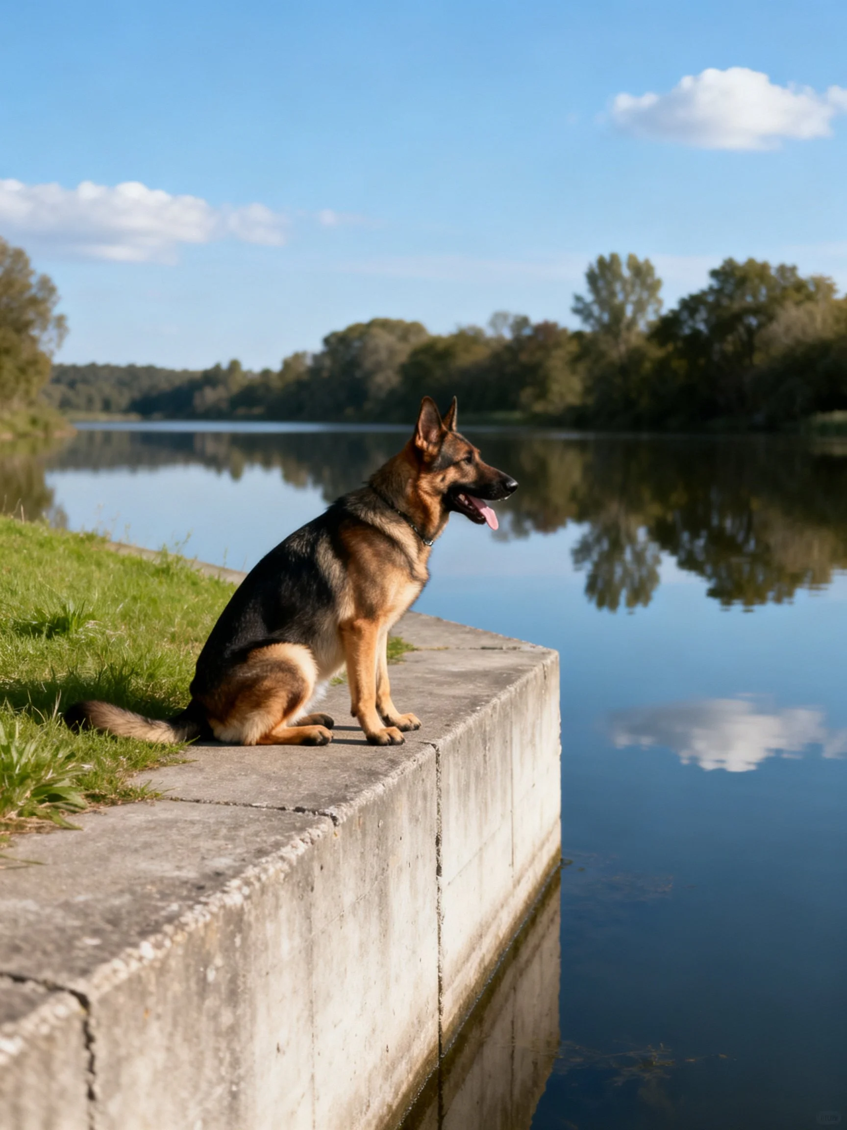 A German Shepherd sits by a calm river with greenery