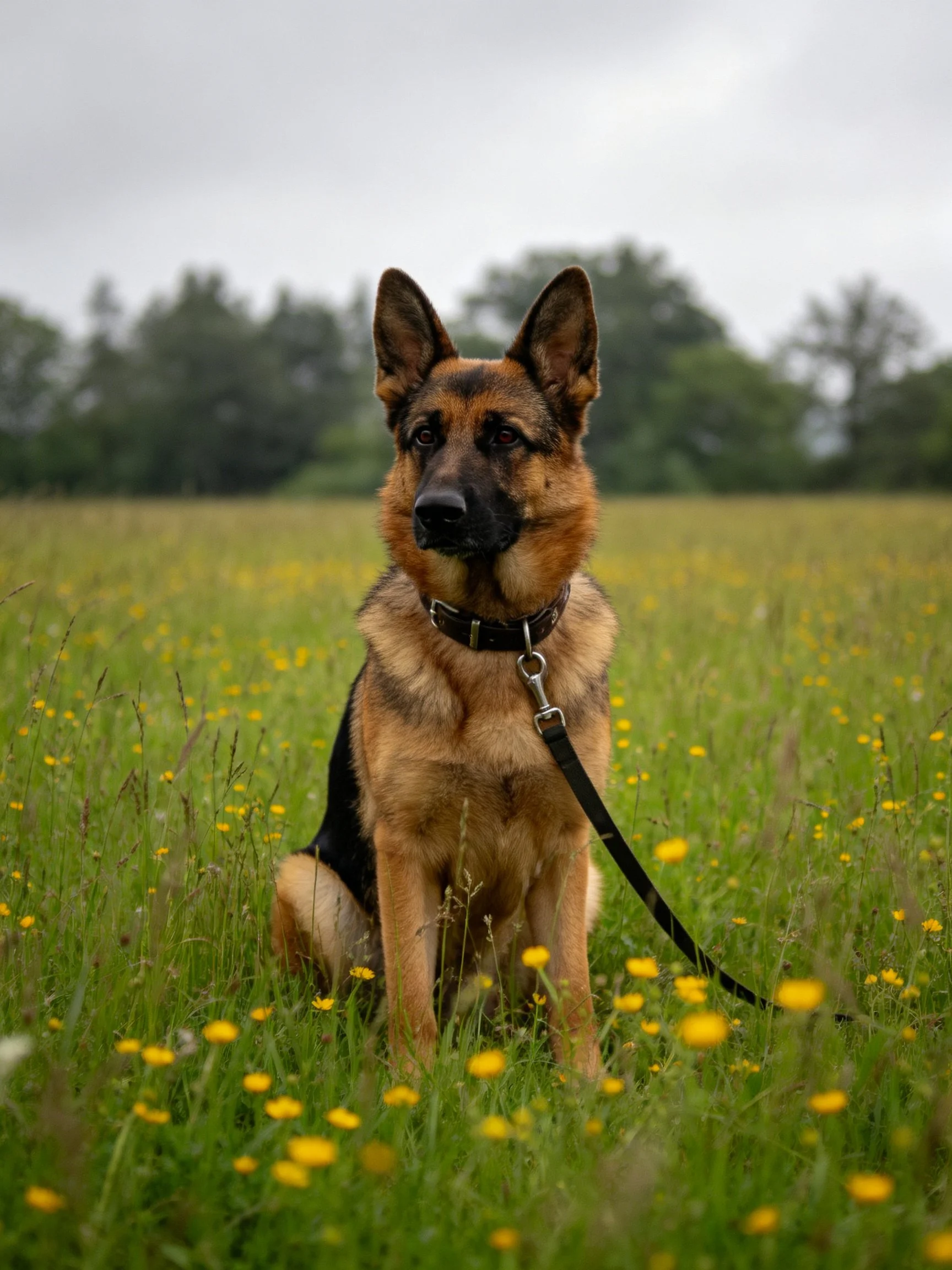 A German Shepherd sits calmly among yellow wildflowers in an open meadow.