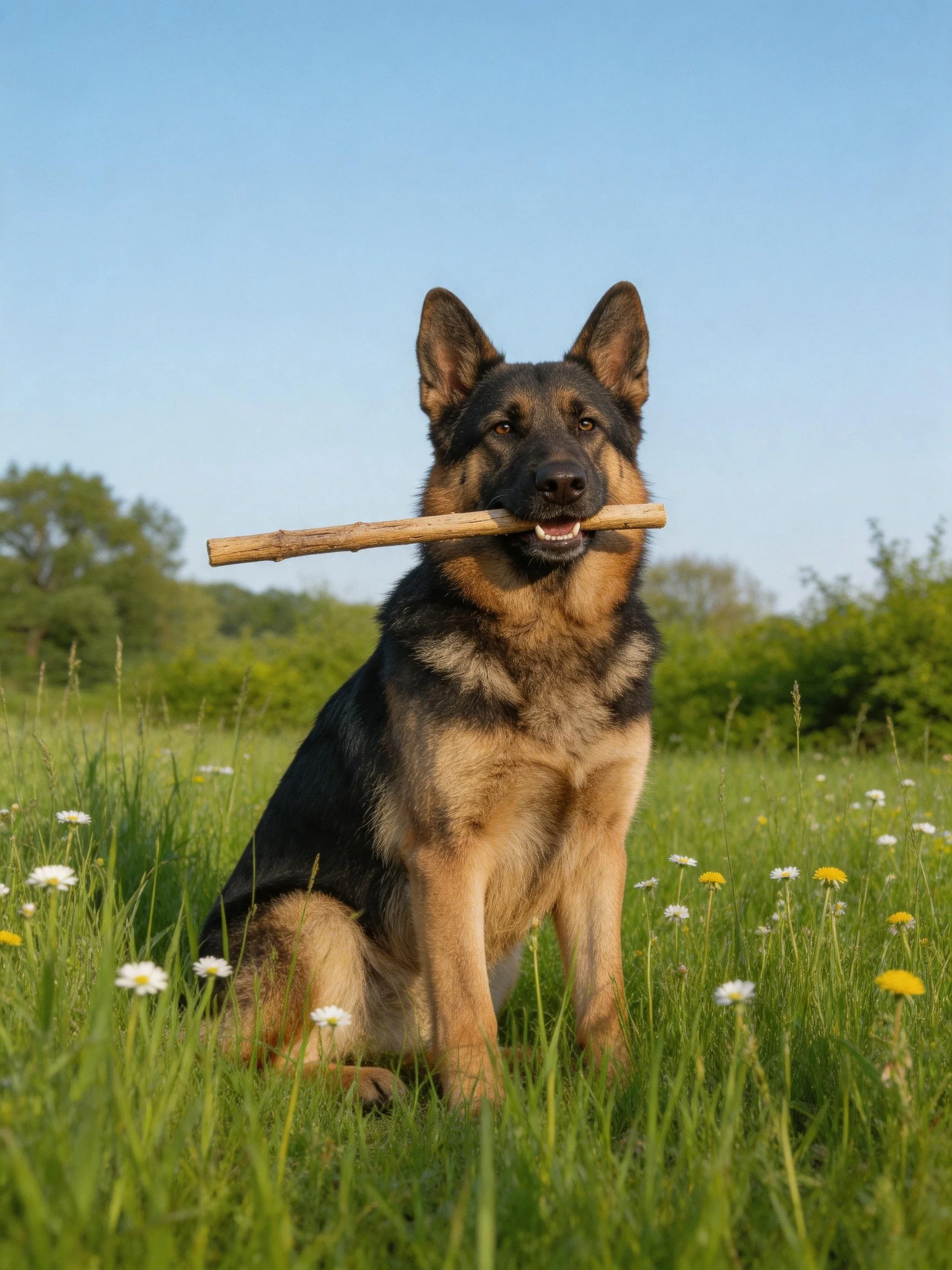 A German Shepherd sits in a flower-filled meadow with a stick