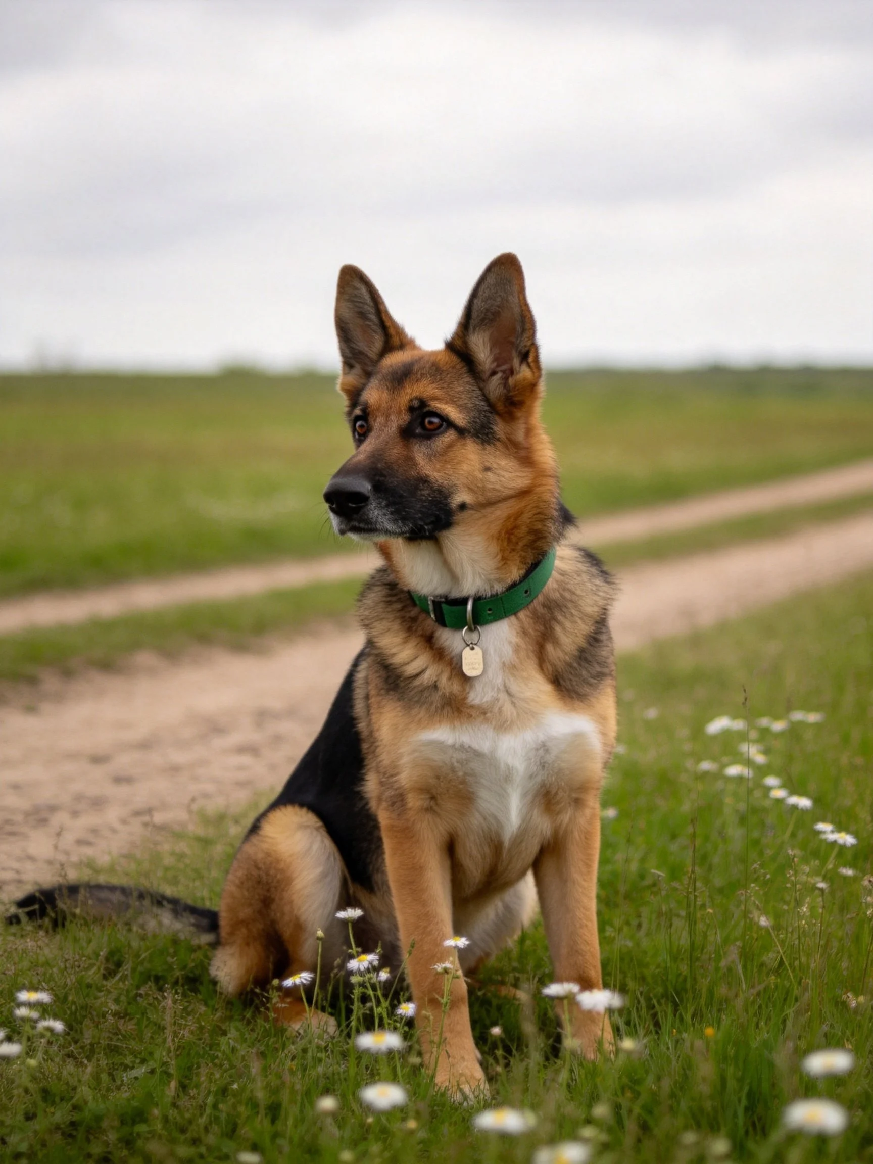 A German Shepherd rests peacefully in a grassy area by a dirt road