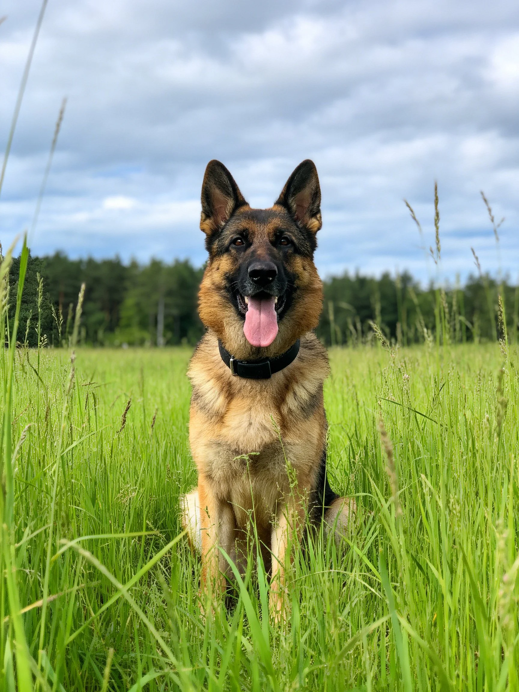 A German Shepherd rests peacefully in a grassy field with a cloudy sky backdrop.