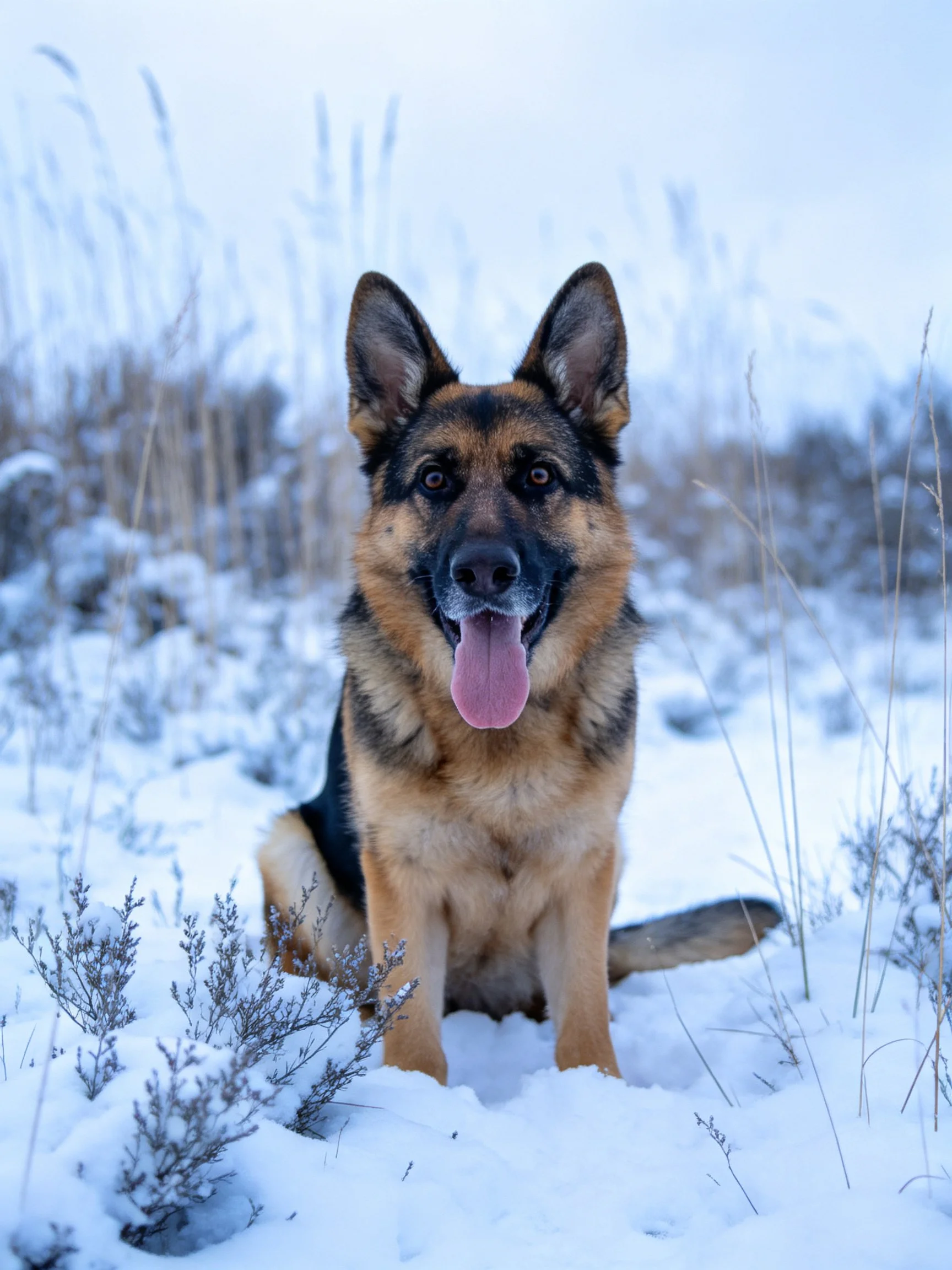 A German Shepherd sits in a snowy field with frost-covered vegetation.