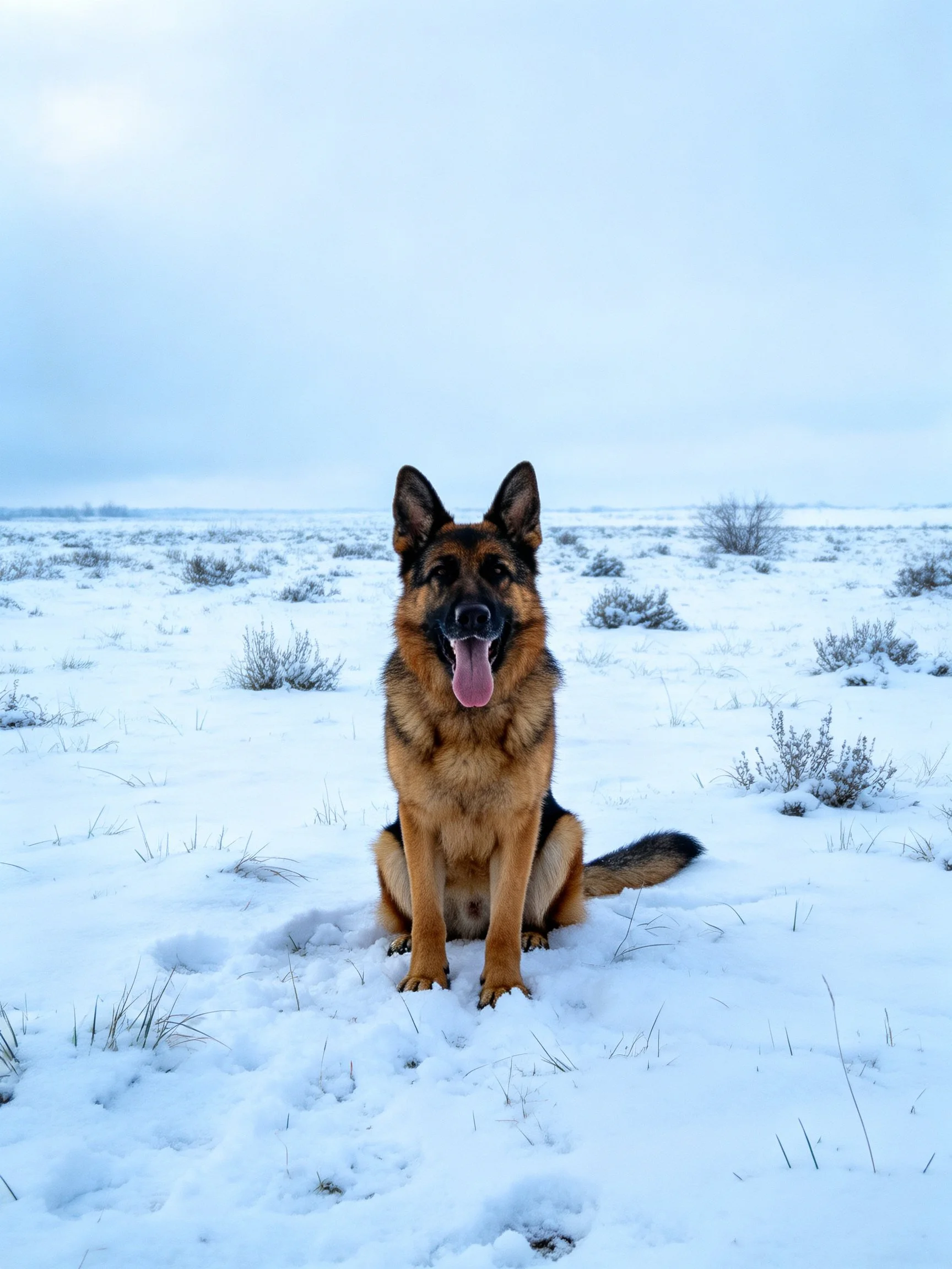 A German Shepherd sits in a snowy open field with scattered shrubs