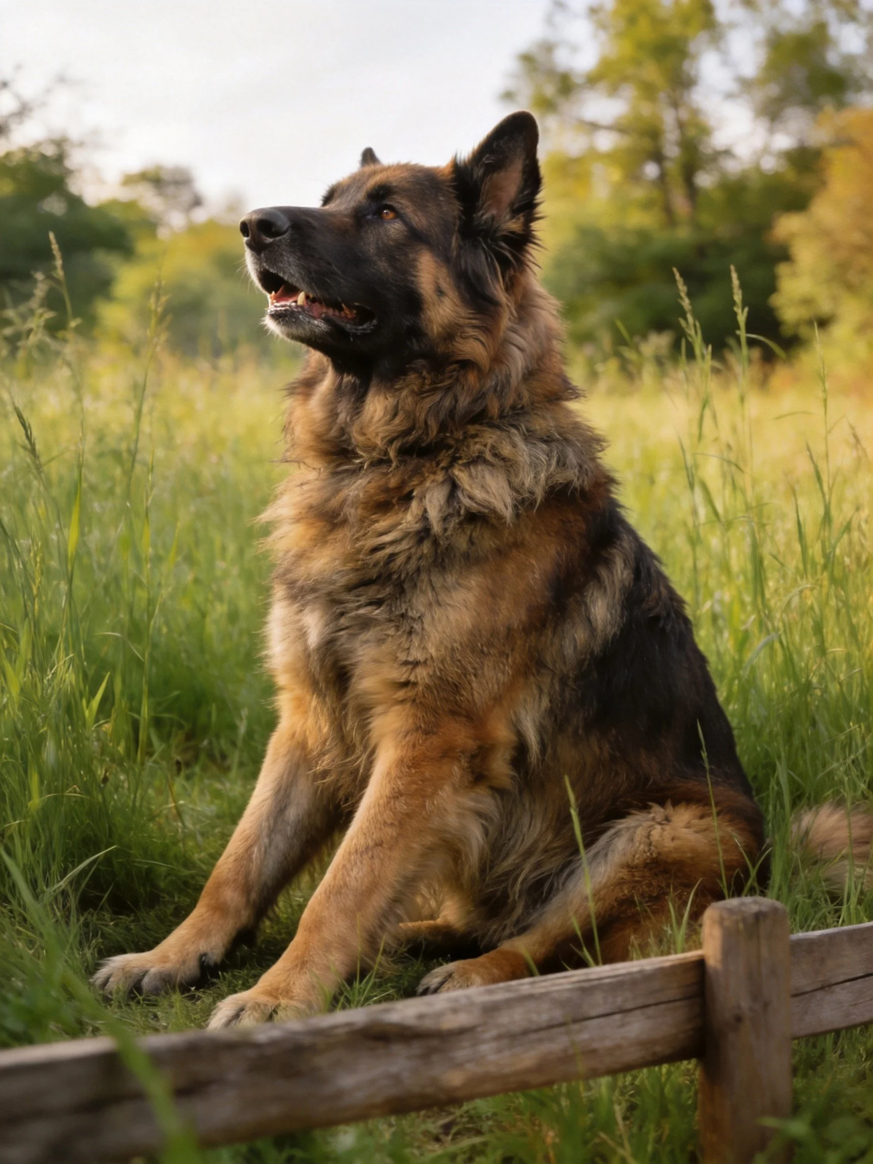 A German Shepherd sits attentively in a sunlit grassy field.