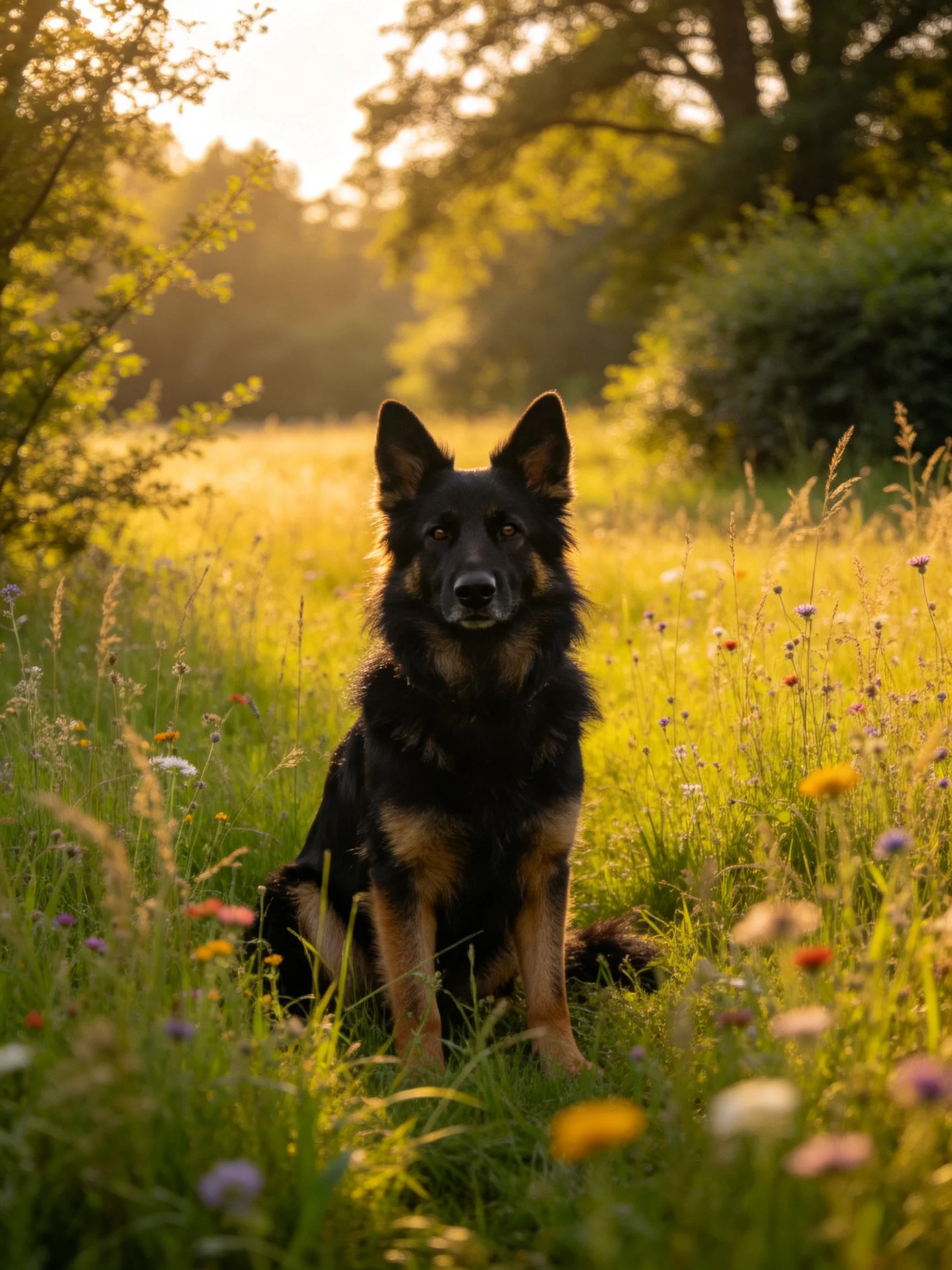 A German Shepherd sits calmly amid tall grass and wildflowers in a sun-drenched meadow.