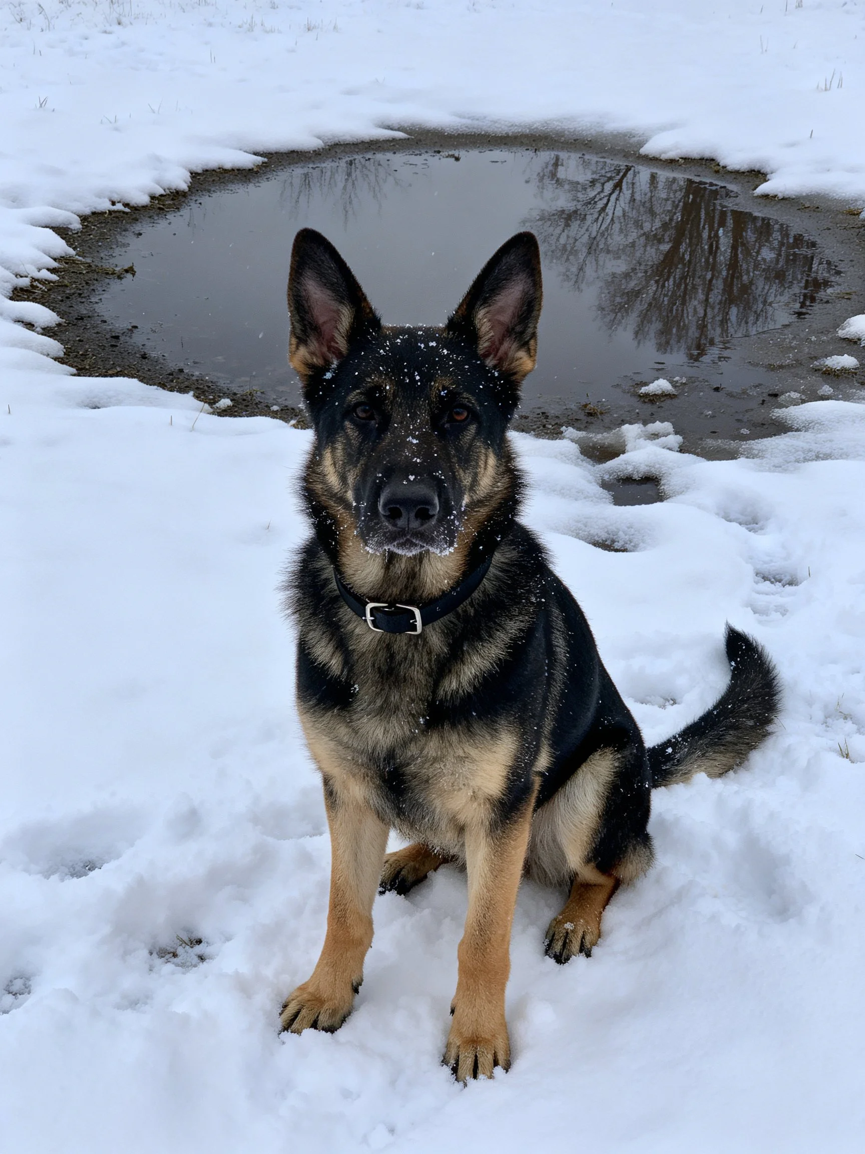 A German Shepherd rests calmly in the snow beside a puddle.