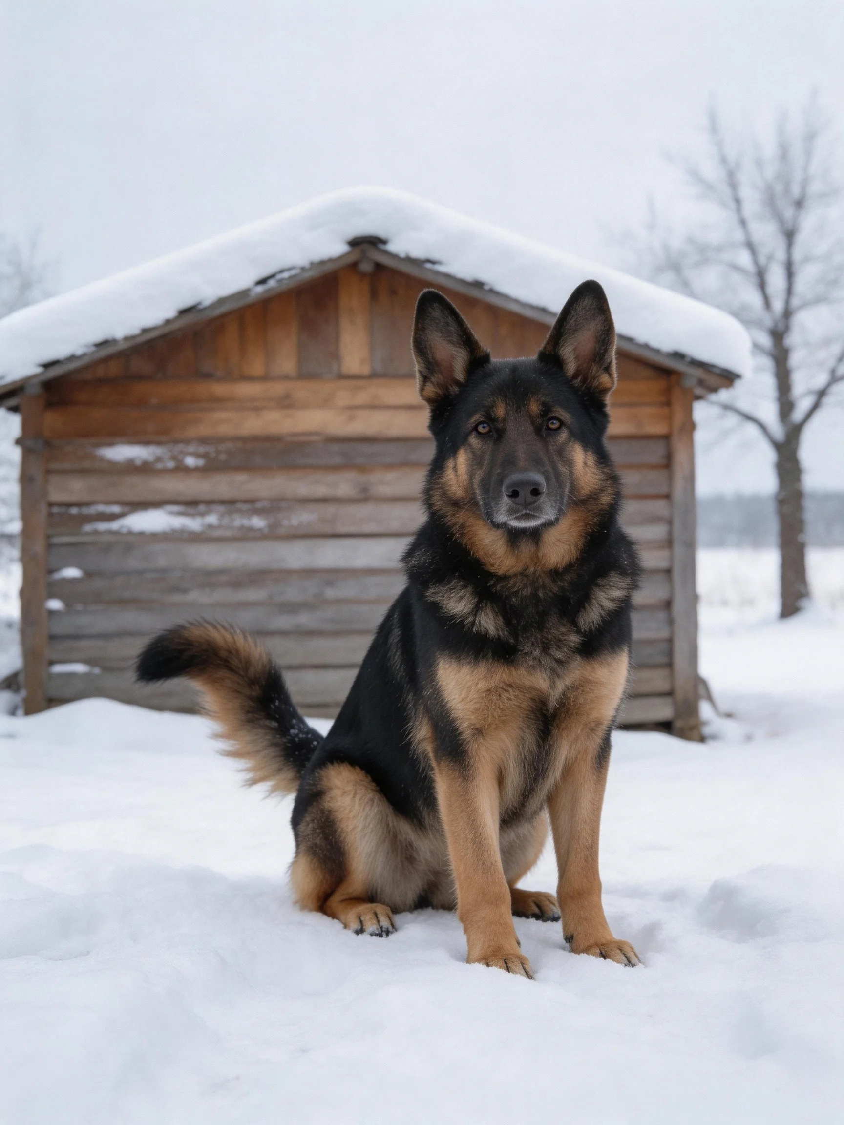 A German Shepherd rests calmly in the snow outside a wooden structure.