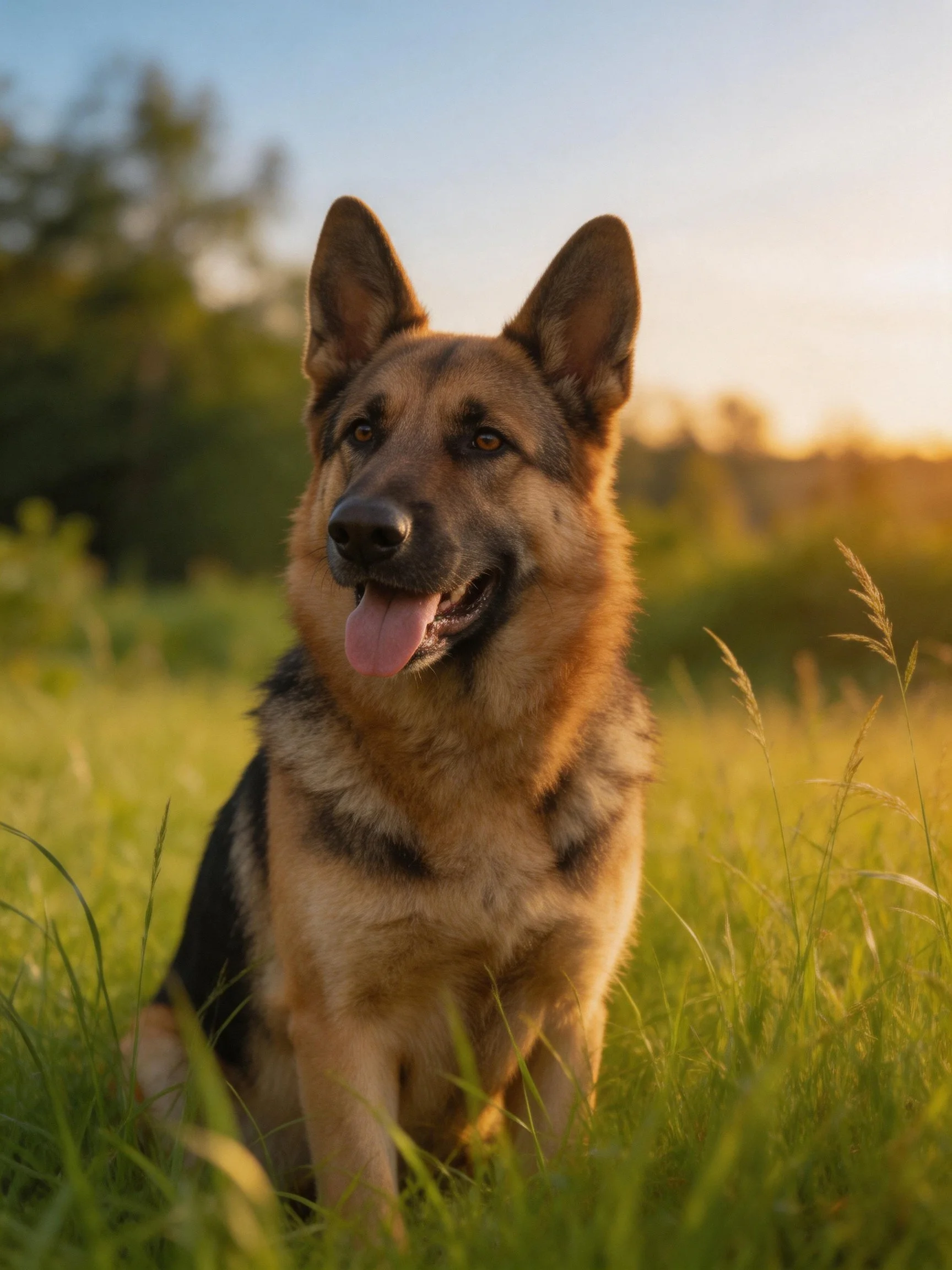A German Shepherd relaxes in a sunlit grassy area during evening hours.
