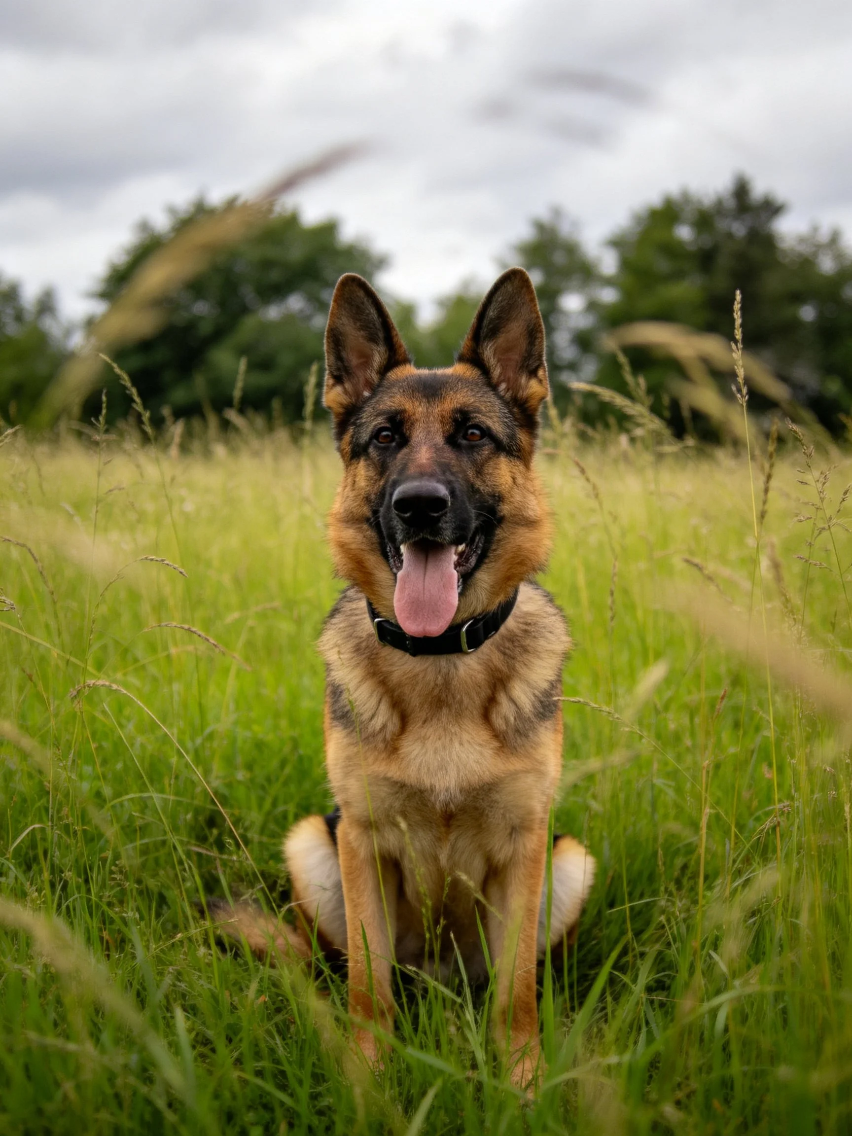 A German Shepherd remains seated in a field of tall green grass