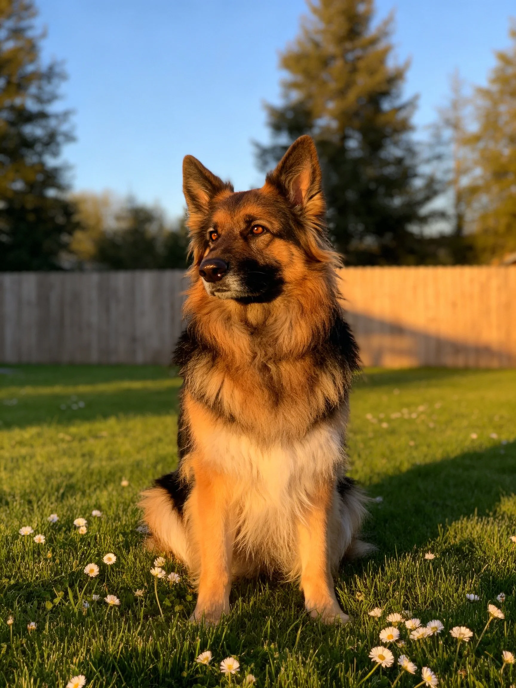 A German Shepherd sits on a flowered lawn next to a wooden fence