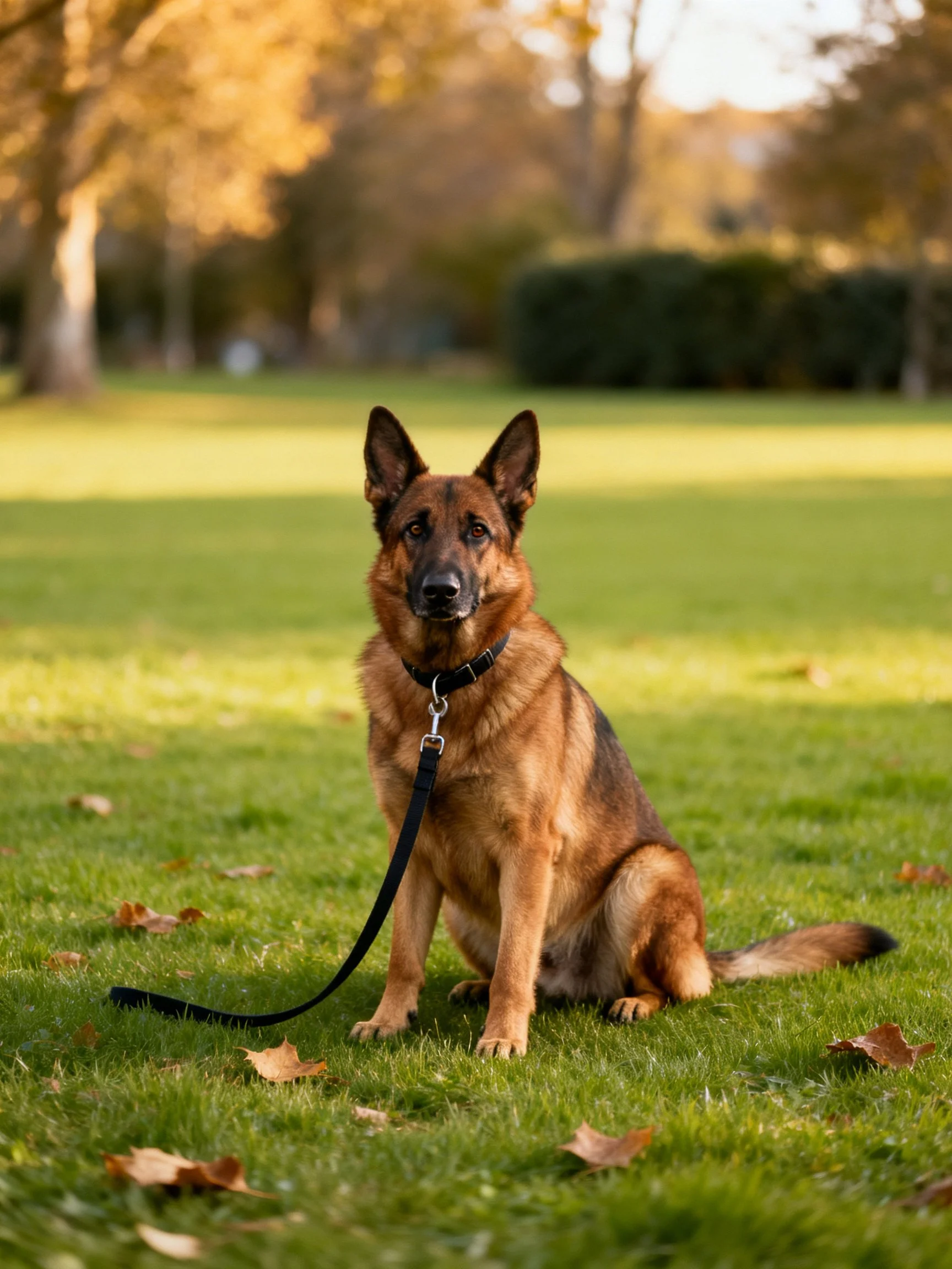 A German Shepherd sits on a grassy field with scattered autumn leaves