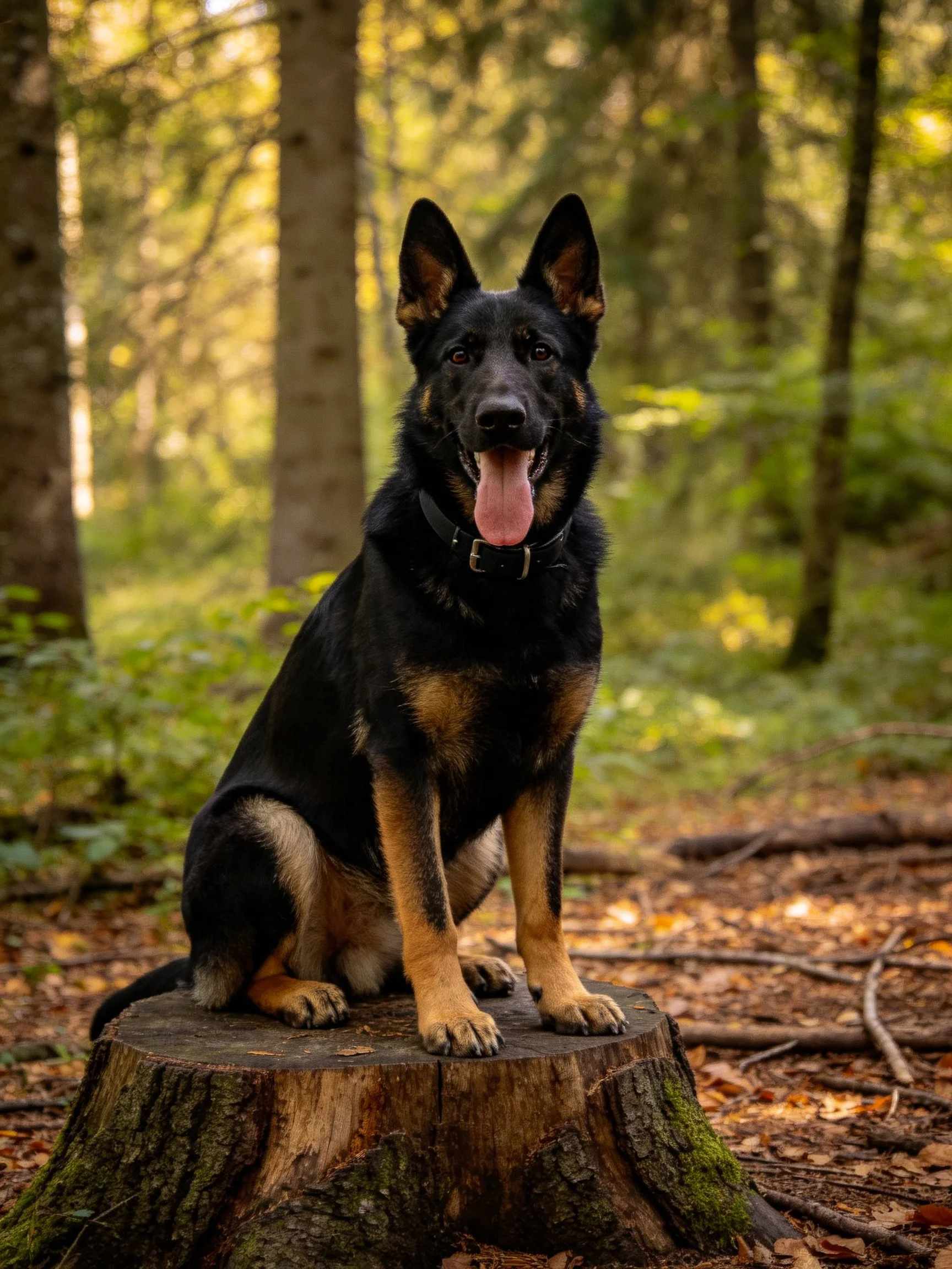 A German Shepherd sits on a mossy tree stump in a sunlit forest