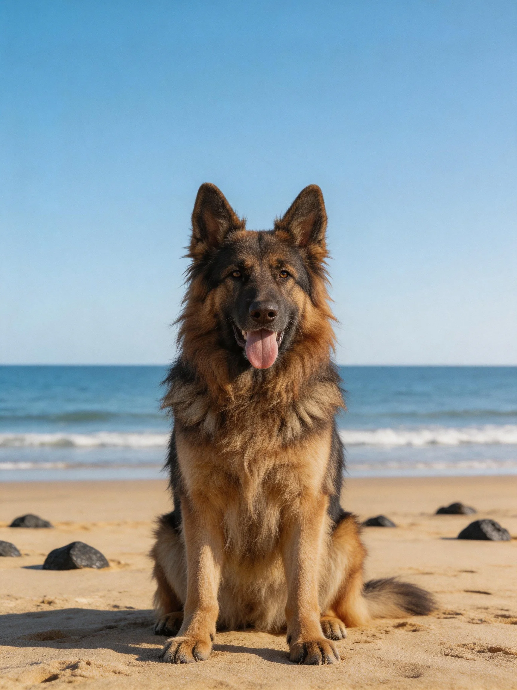 A German Shepherd sits calmly on a sandy beach with the ocean visible behind