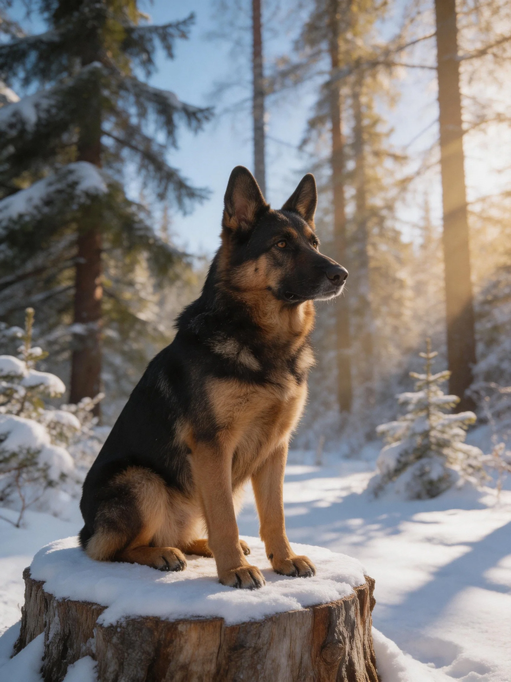 A German Shepherd sits on a snow-covered tree stump in a sunlit winter forest