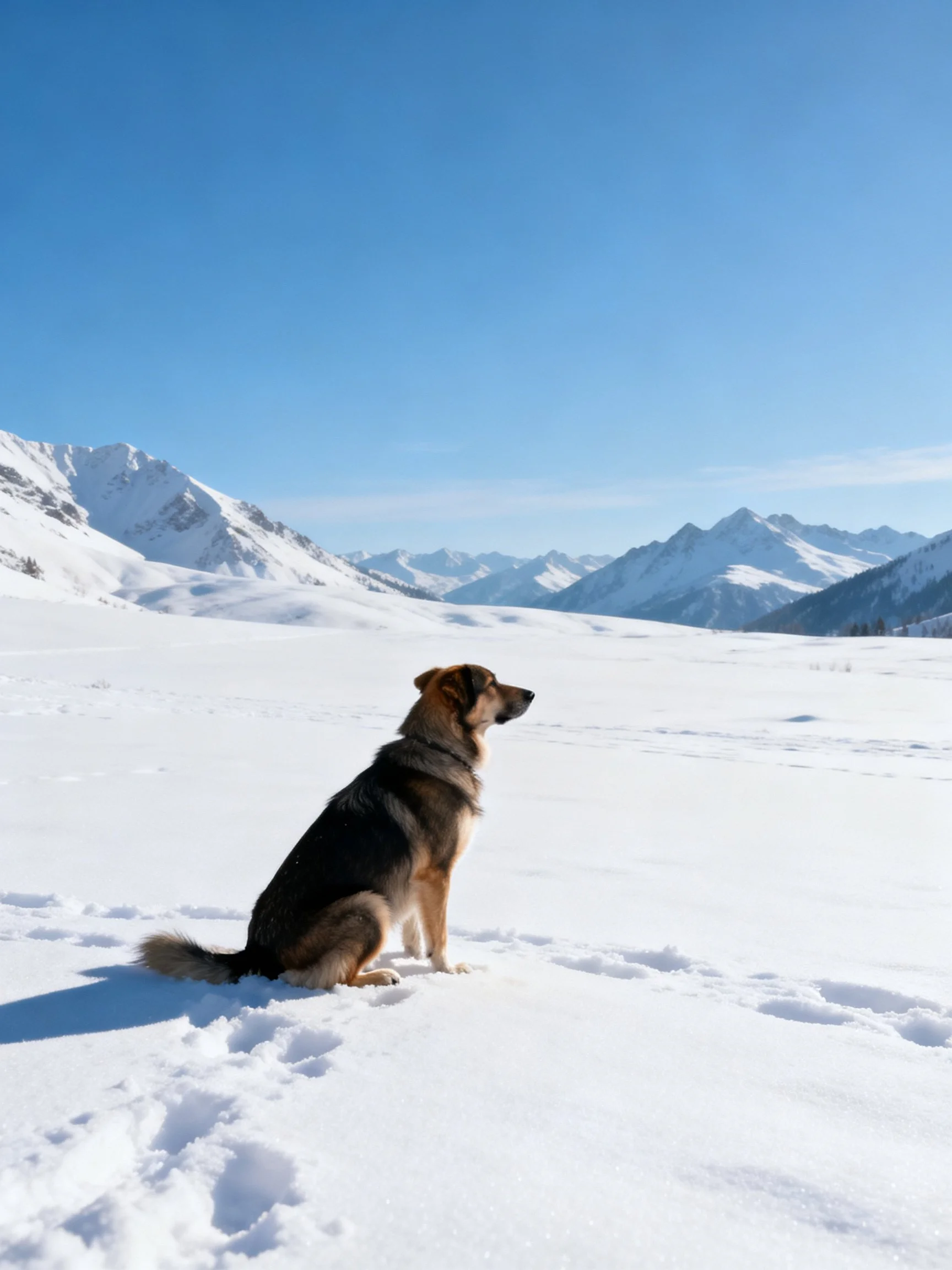 A German Shepherd sits on a snowy landscape with mountainous backdrop