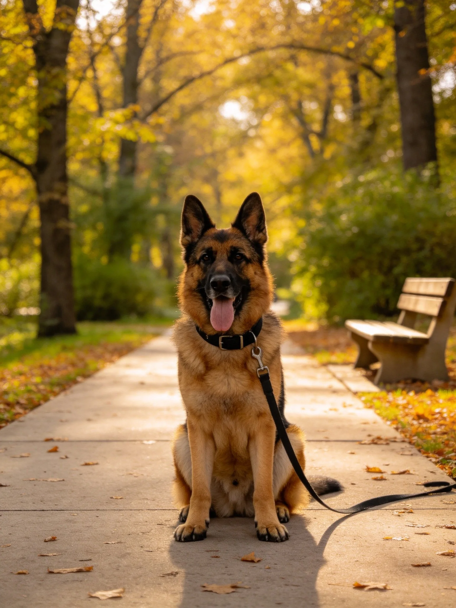 A German Shepherd rests on a sunlit park path amid autumn scenery.