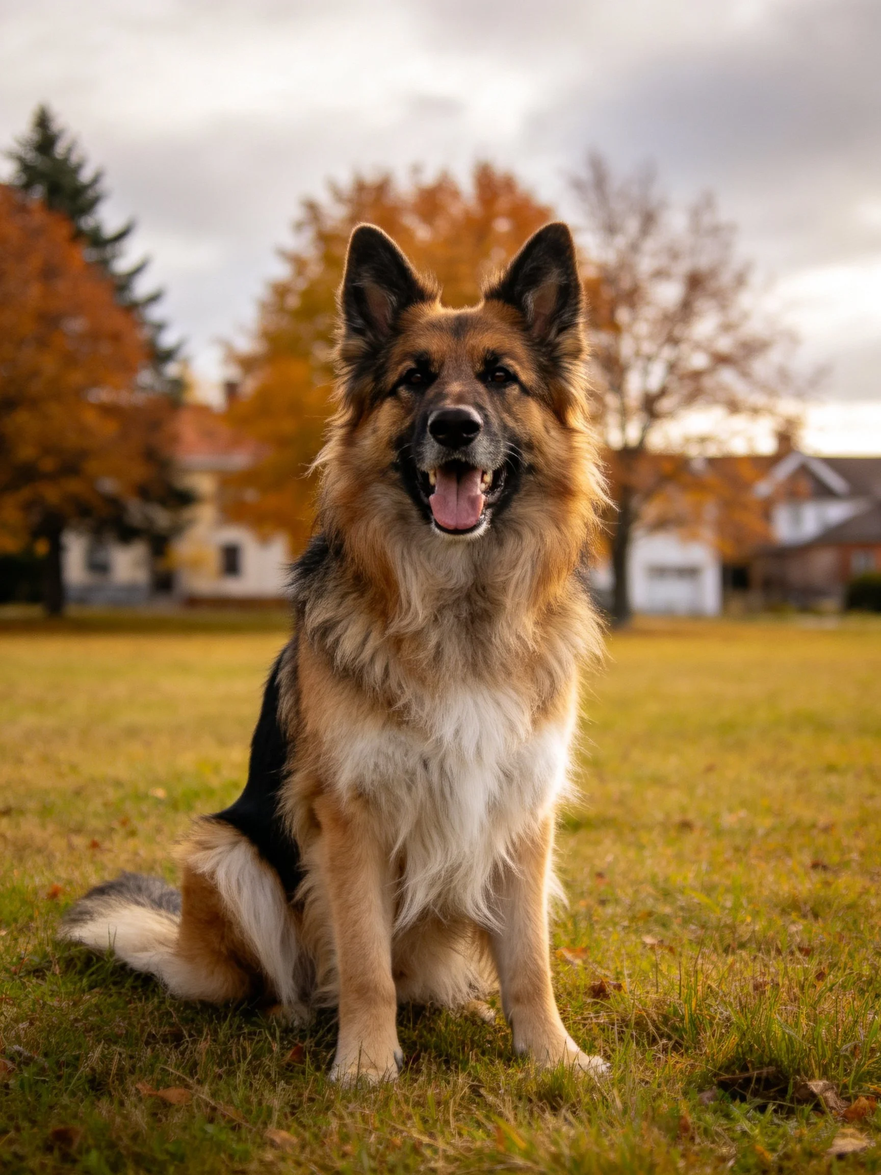 A German Shepherd sits on grass with autumn scenery and homes in the background.