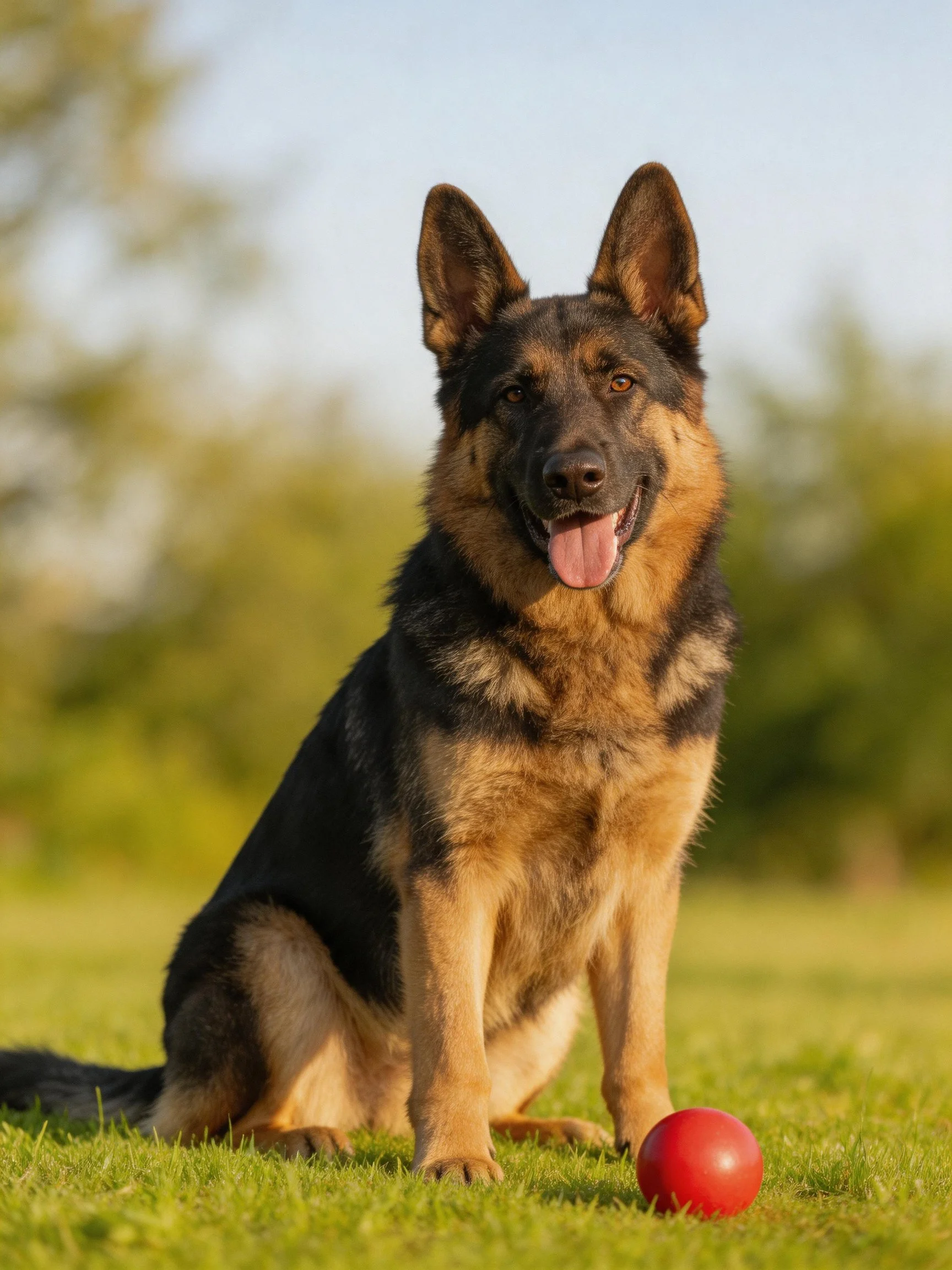 A German Shepherd sits on grass beside a red ball in a sunny outdoor setting.